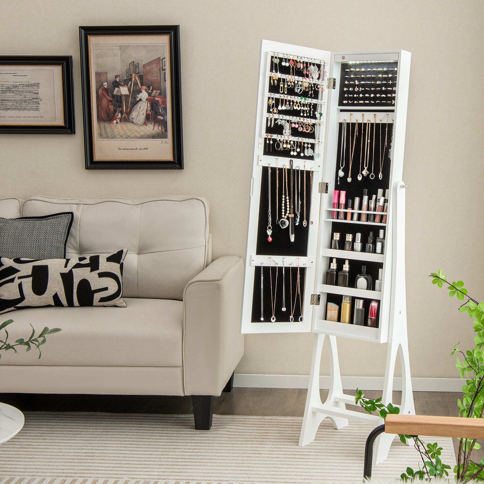 LED Jewelry Cabinet Armoire Organizer with Bevel Edge Mirror