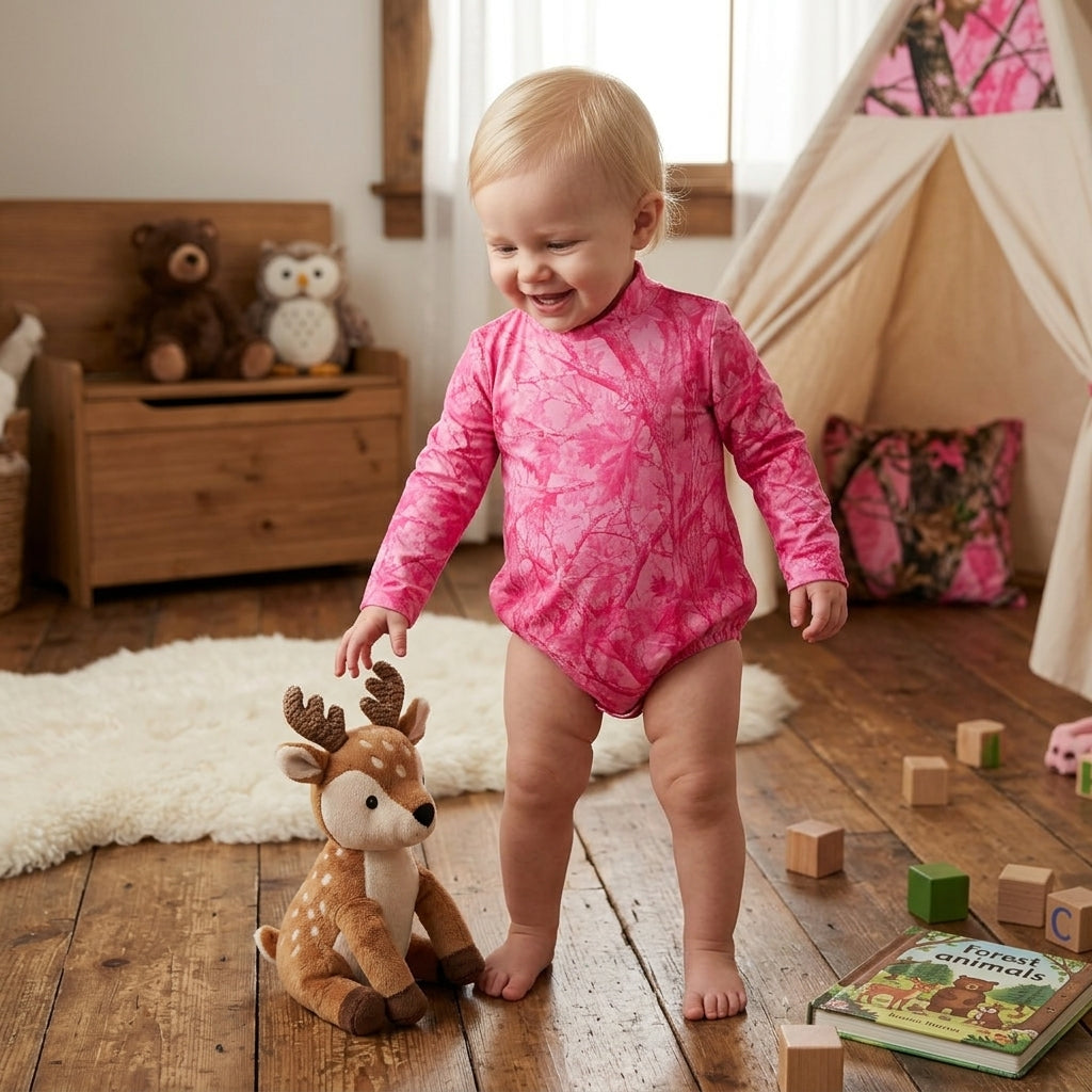 Long sleeves pink leaves camo baby girls romper