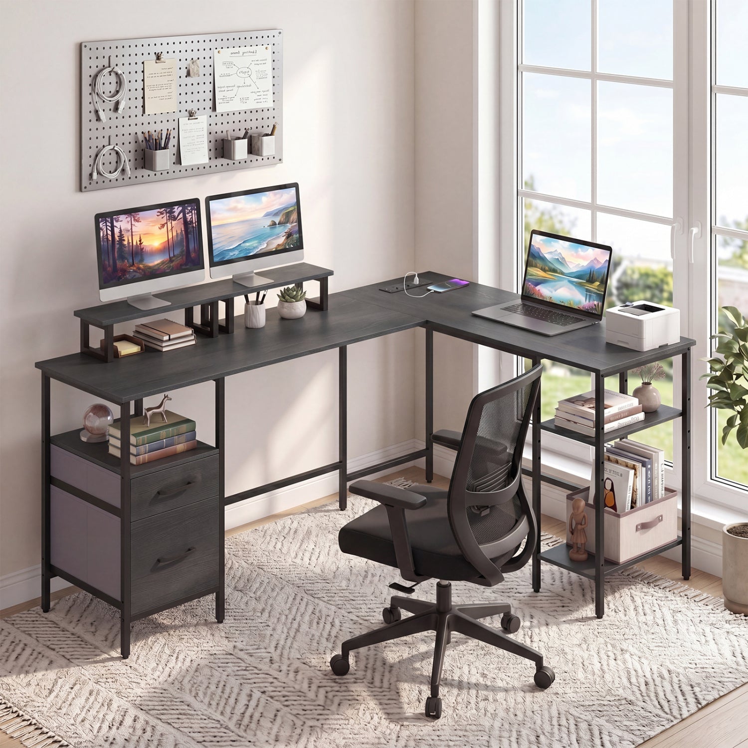 L Shaped Desk with Power Outlet Reversible Computer Desk with Monitor Stands