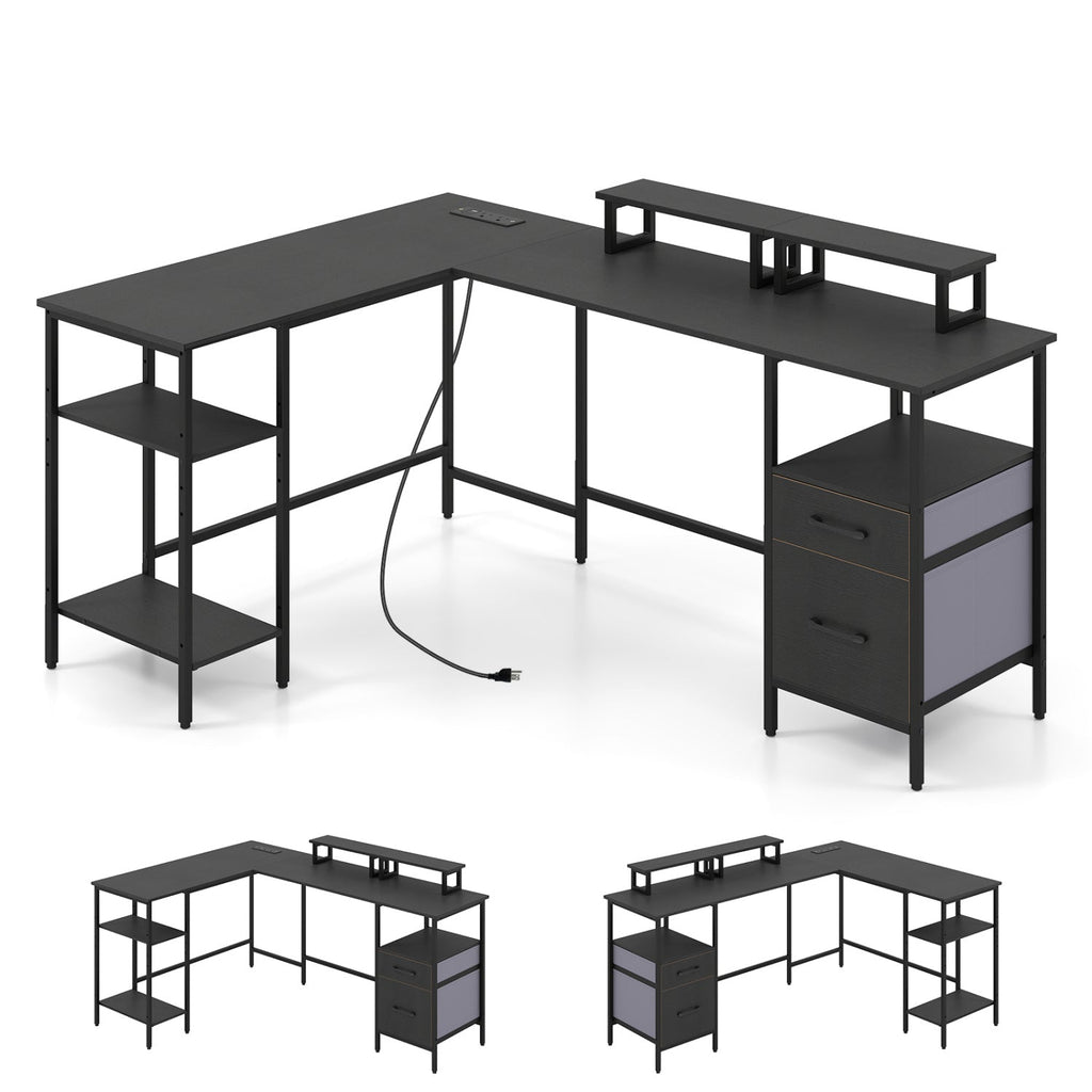 L Shaped Desk with Power Outlet Reversible Computer Desk with Monitor Stands