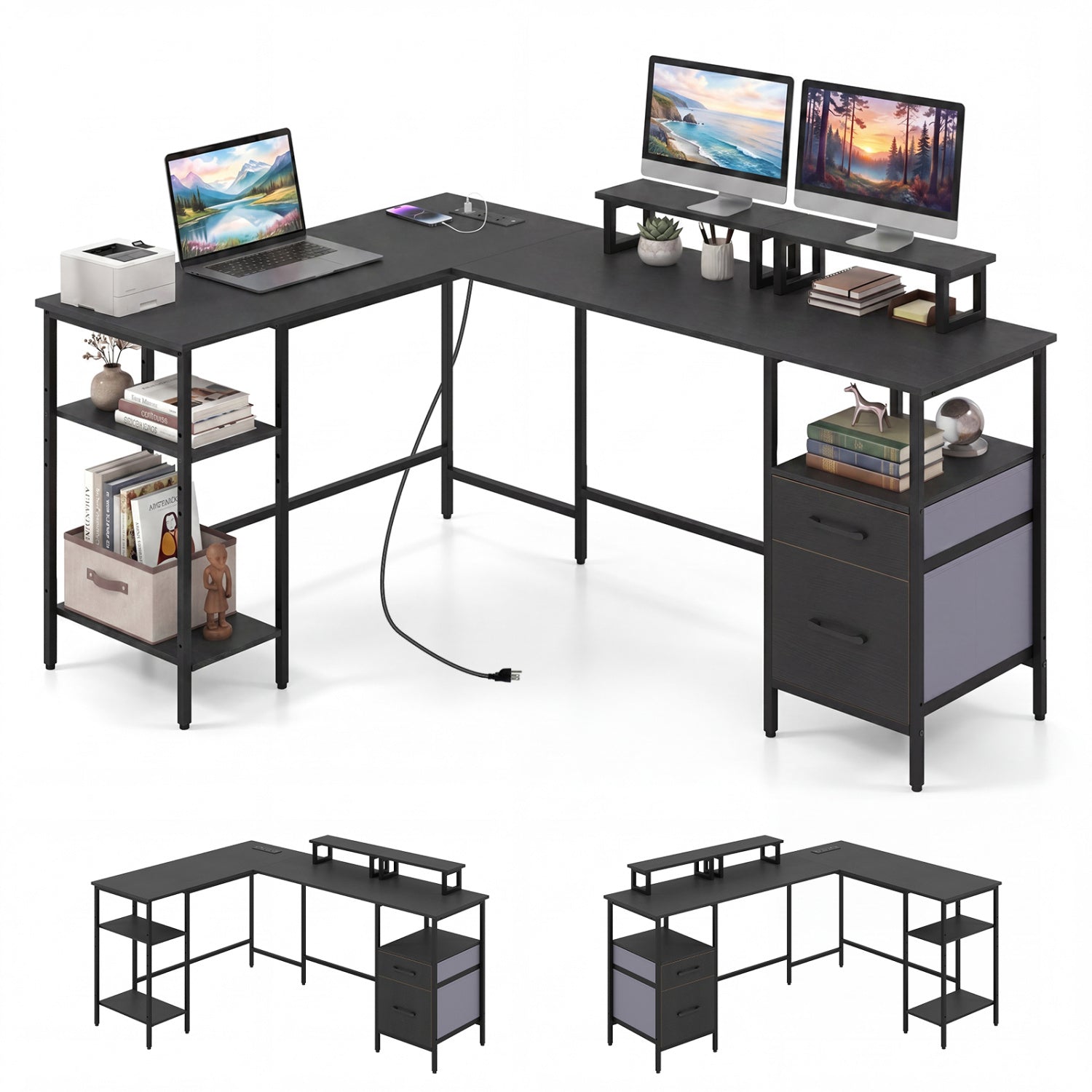 L Shaped Desk with Power Outlet Reversible Computer Desk with Monitor Stands
