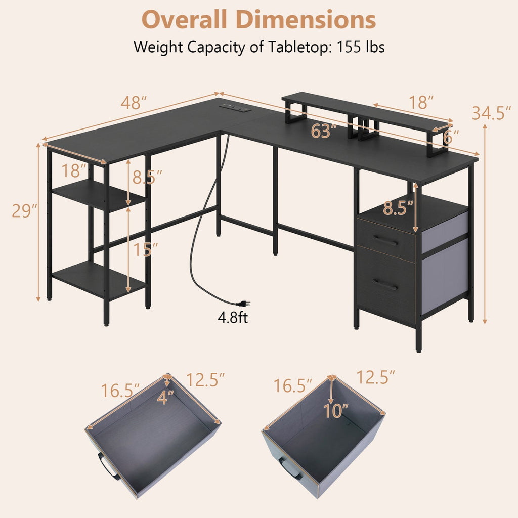 L Shaped Desk with Power Outlet Reversible Computer Desk with Monitor Stands