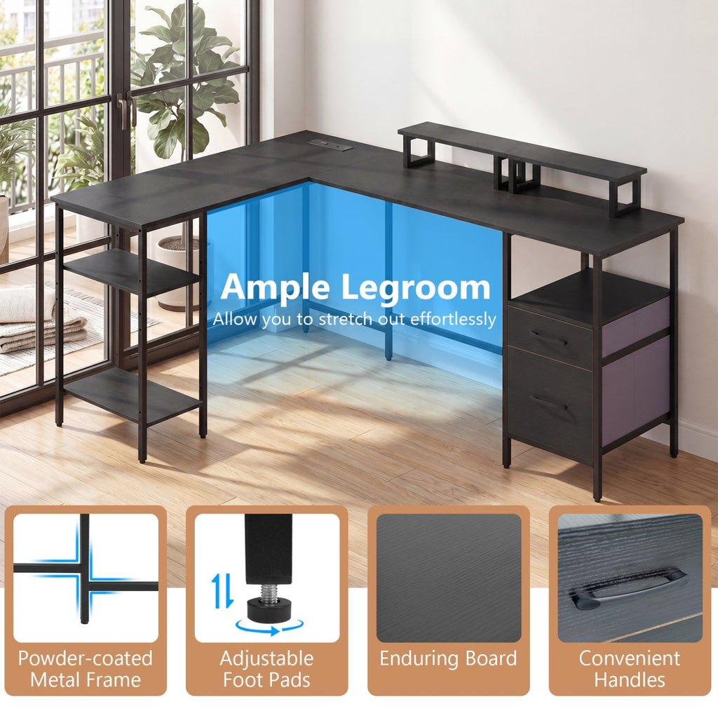 L Shaped Desk with Power Outlet Reversible Computer Desk with Monitor Stands