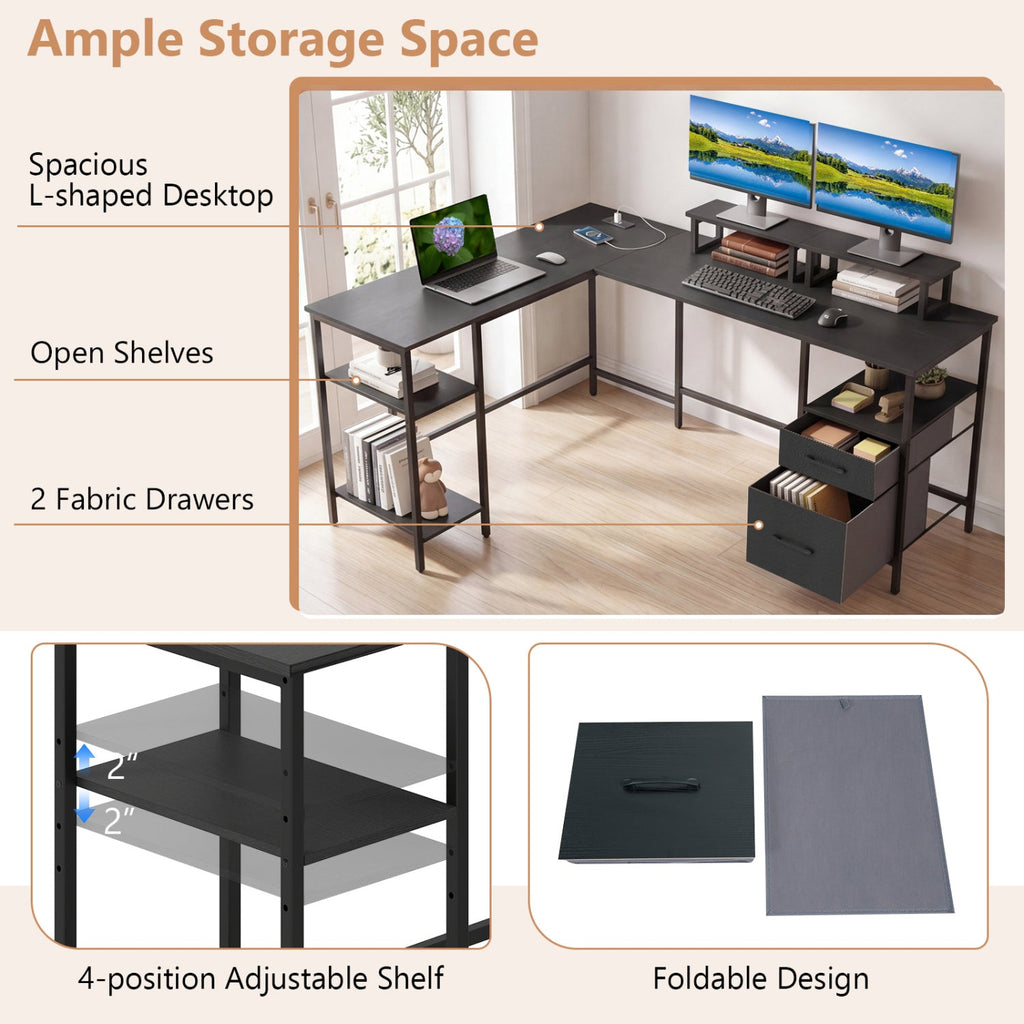 L Shaped Desk with Power Outlet Reversible Computer Desk with Monitor Stands