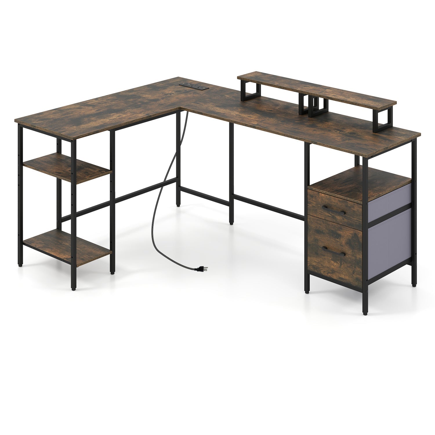 L-Shaped Desk with Power Outlet and Monitor Stands