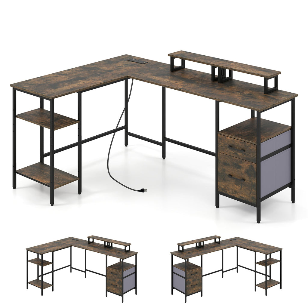 L-Shaped Desk with Power Outlet and Monitor Stands