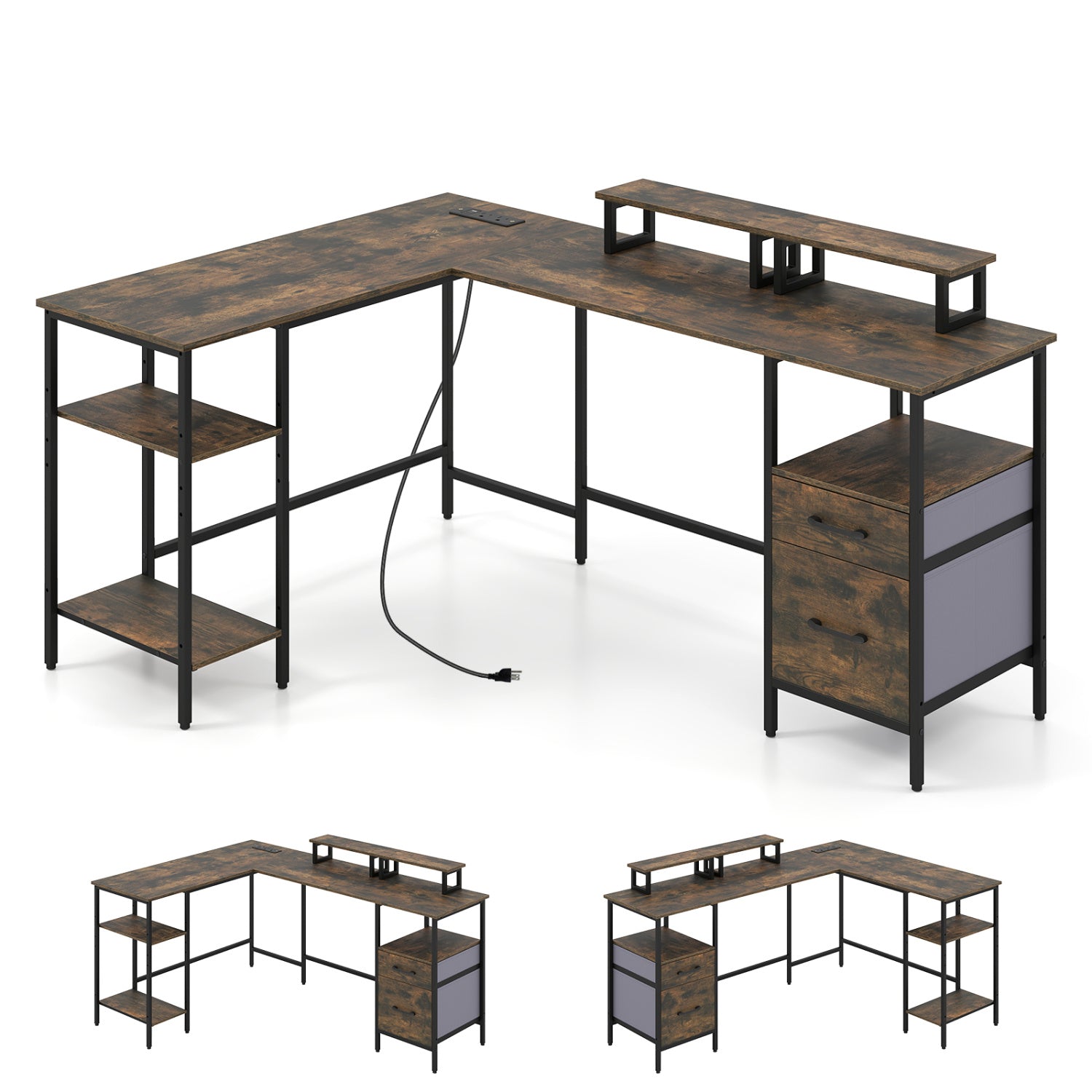 L-Shaped Desk with Power Outlet and Monitor Stands