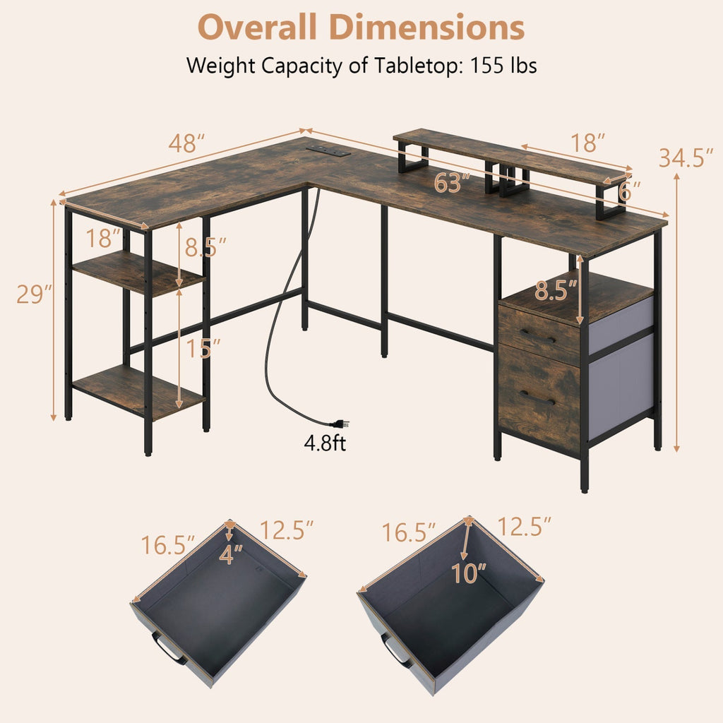 L-Shaped Desk with Power Outlet and Monitor Stands