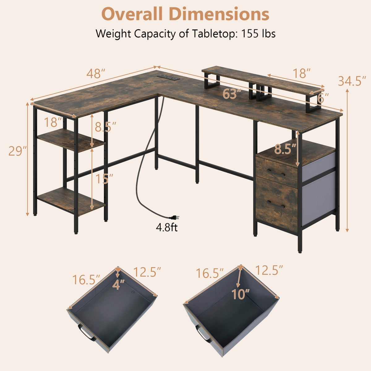 L-Shaped Desk with Power Outlet and Monitor Stands