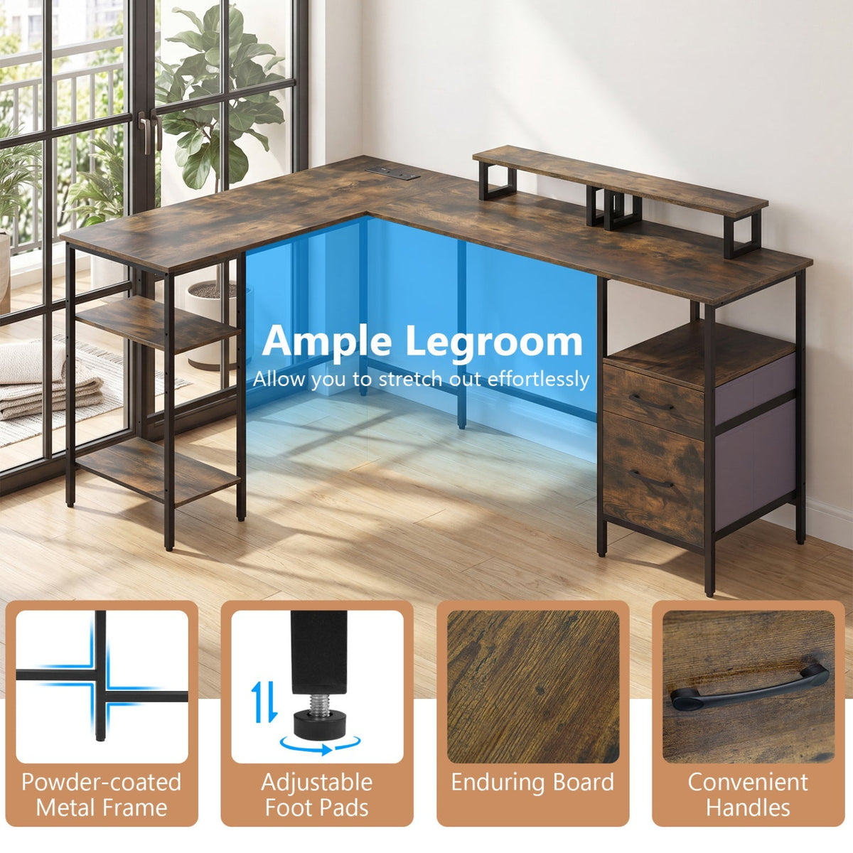 L-Shaped Desk with Power Outlet and Monitor Stands