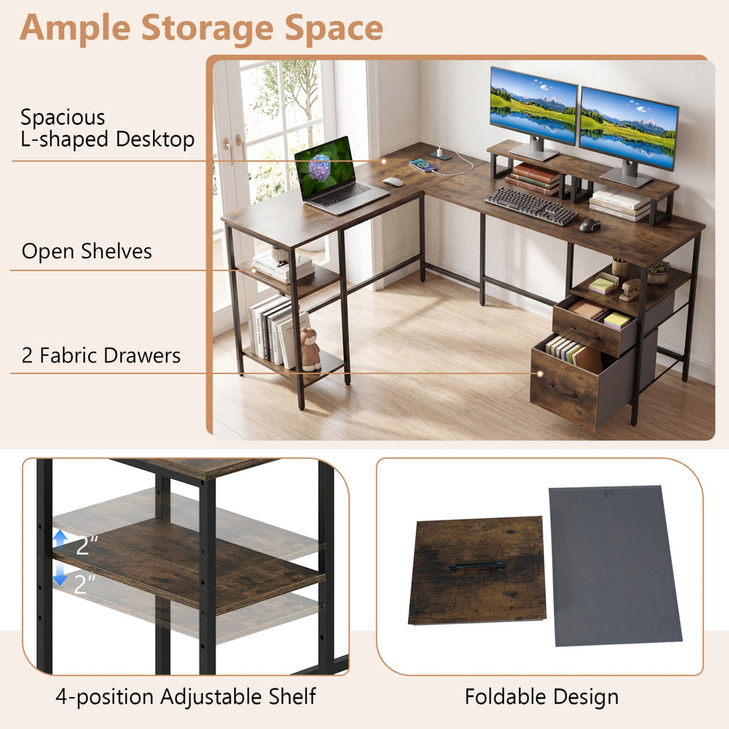 L-Shaped Desk with Power Outlet and Monitor Stands