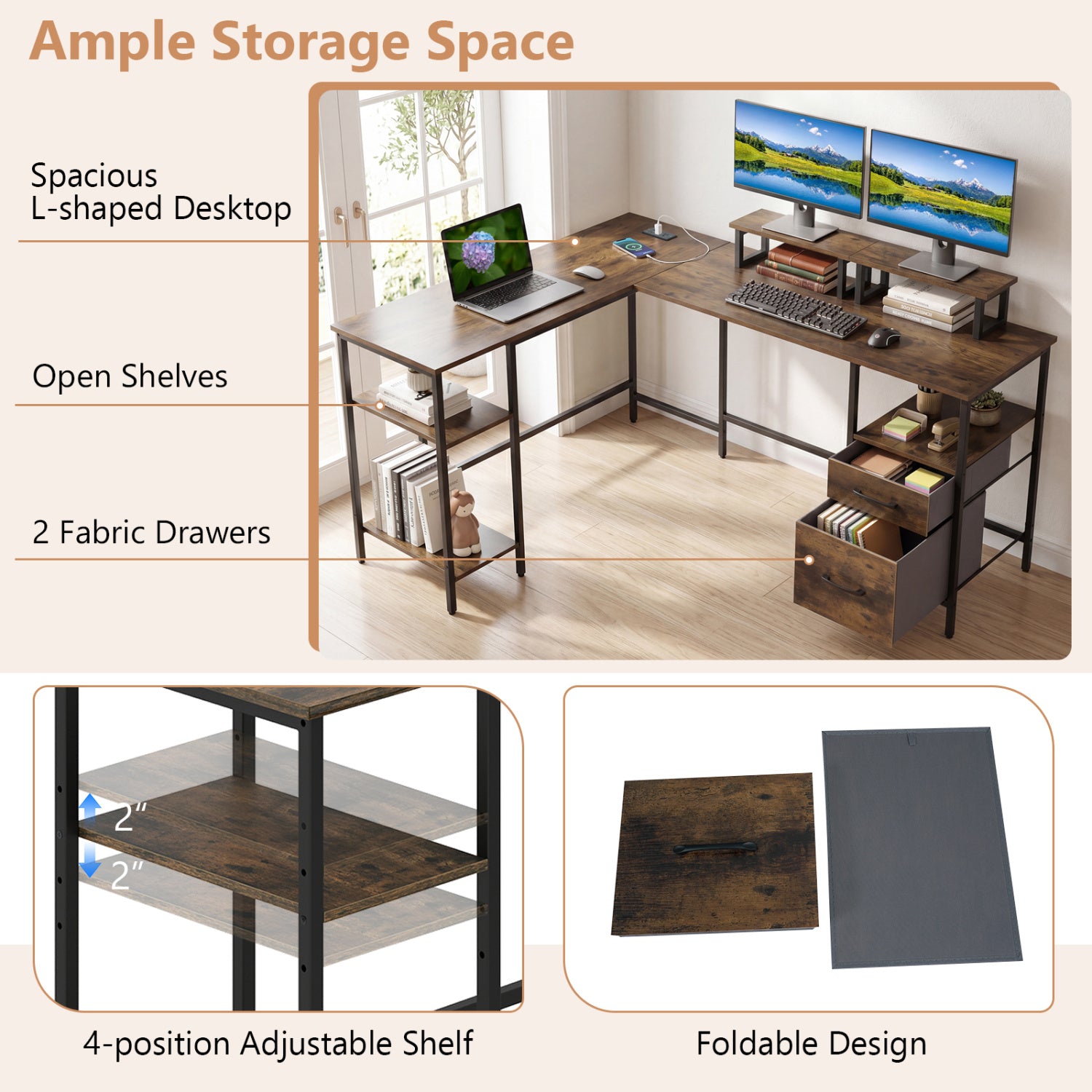 L-Shaped Desk with Power Outlet and Monitor Stands