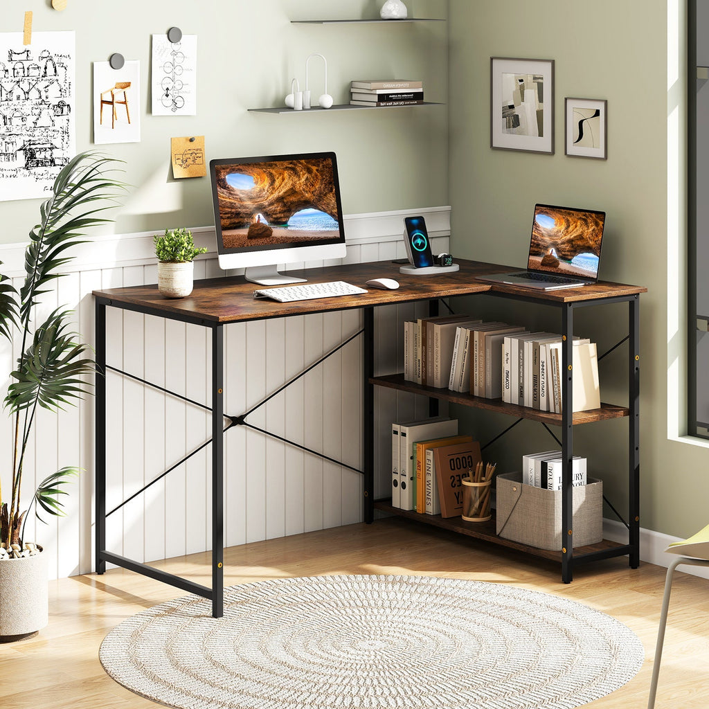 L-shaped 47 Inch Reversible Corner Desk with Adjustable Storage Shelves