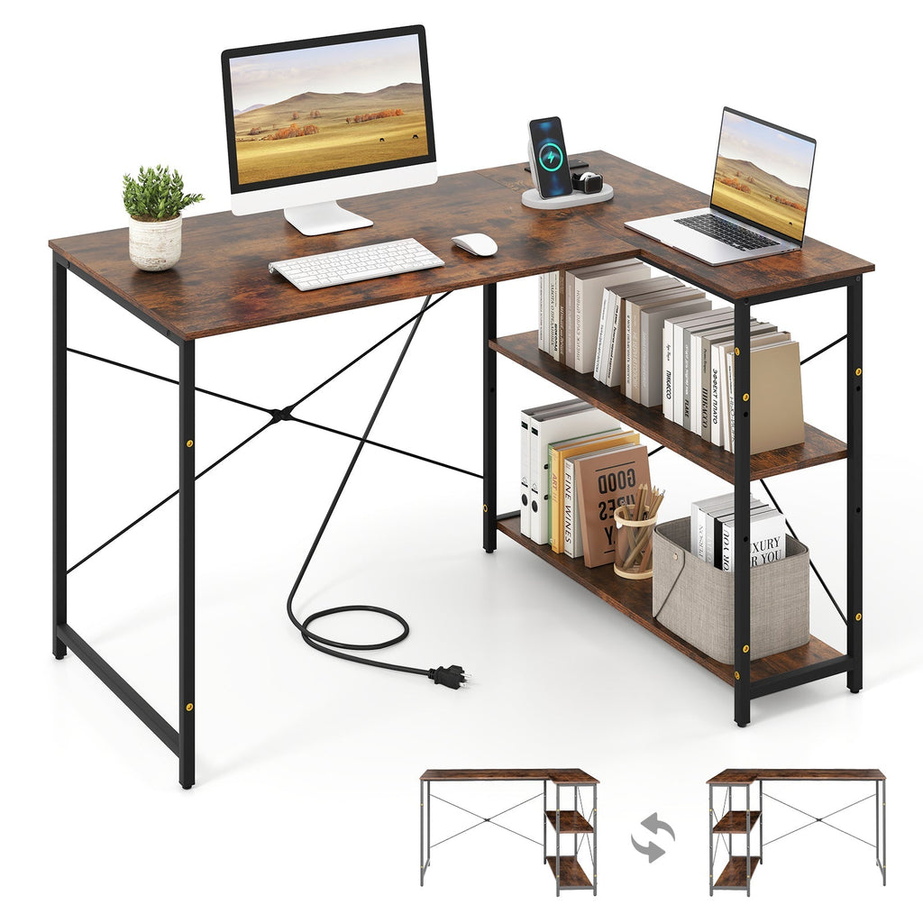 L-shaped 47 Inch Reversible Corner Desk with Adjustable Storage Shelves