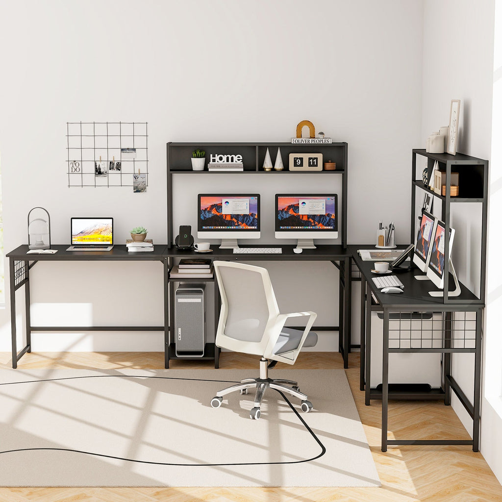 L-shaped Desk with Power Outlet Hutch