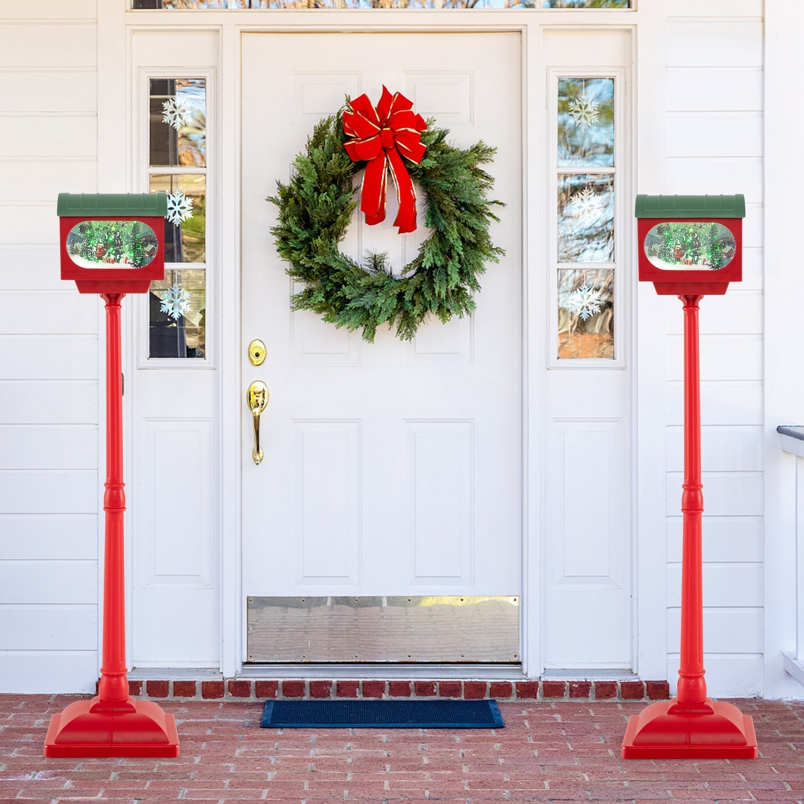 59 Inch Christmas Street Lamp with Sound-Activated Snow Globe Lantern-Red