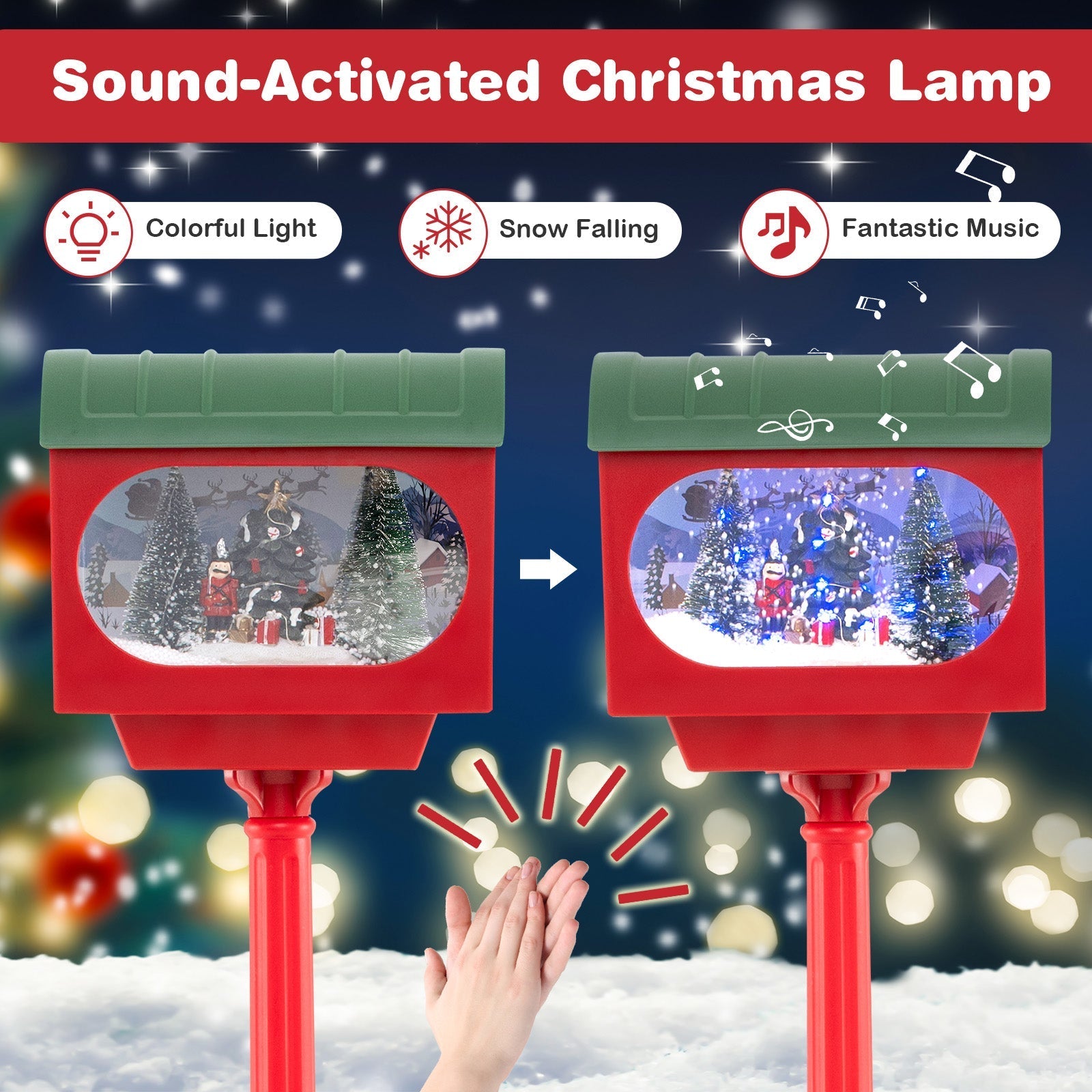 59 Inch Christmas Street Lamp with Sound-Activated Snow Globe Lantern-Red