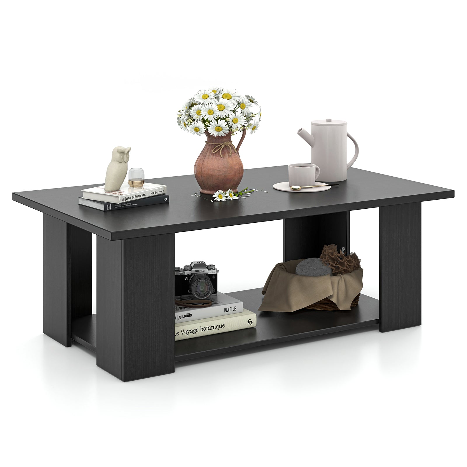 Large 36/41 Inch 2-tier Wooden Modern Coffee Table with Storage Shelf-Black