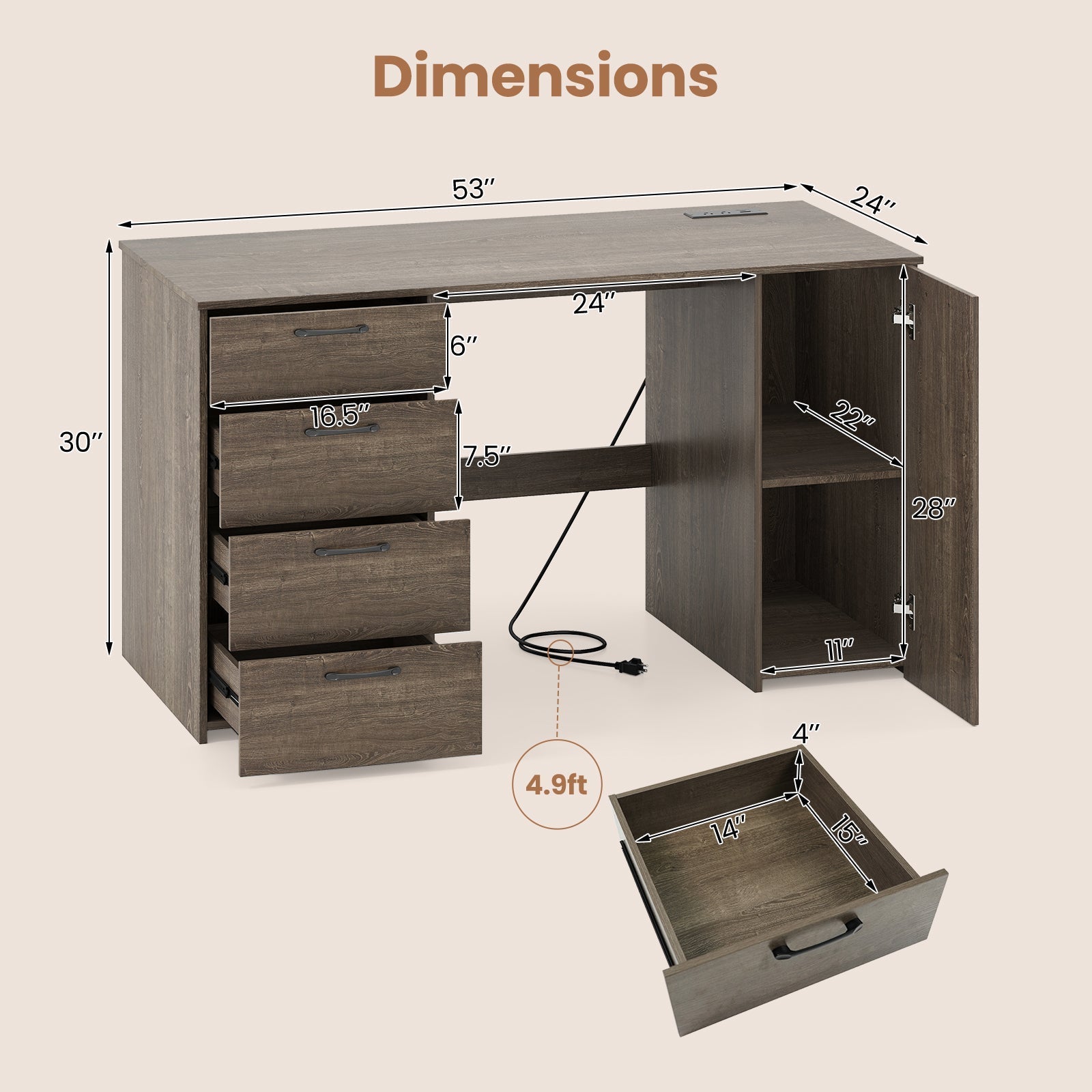 53 Inches Computer Desk with Power Outlets and 4 Storage Drawers
