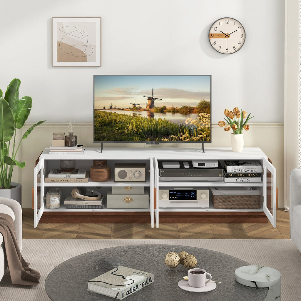 Large TV Stand for TVs up to 75 Inch with 4 Tempered Glass Doors for Living Room
