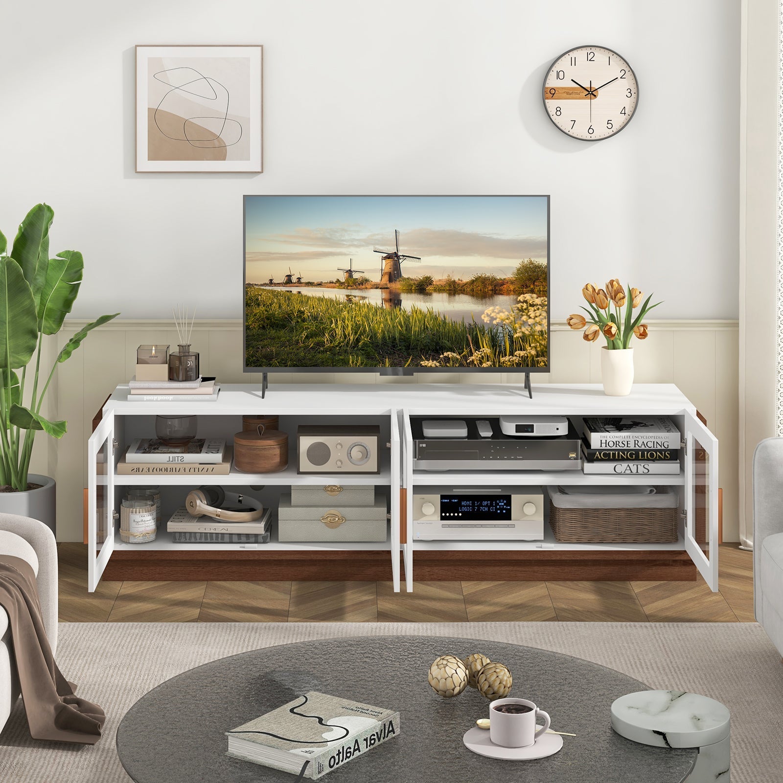 Large TV Stand for TVs up to 75 Inch with 4 Tempered Glass Doors for Living Room