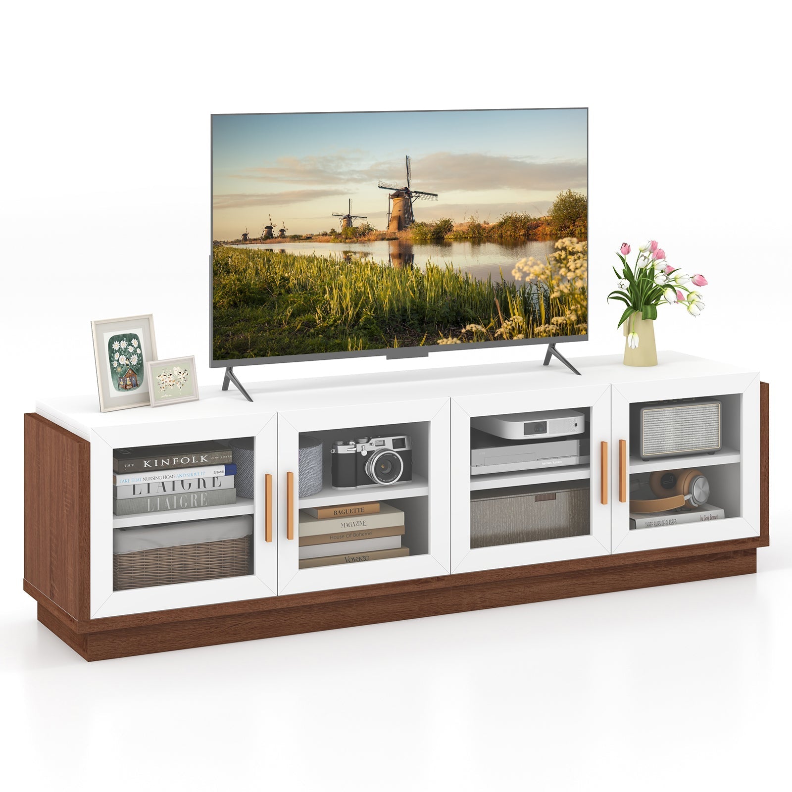 Large TV Stand for TVs up to 75 Inch with 4 Tempered Glass Doors for Living Room