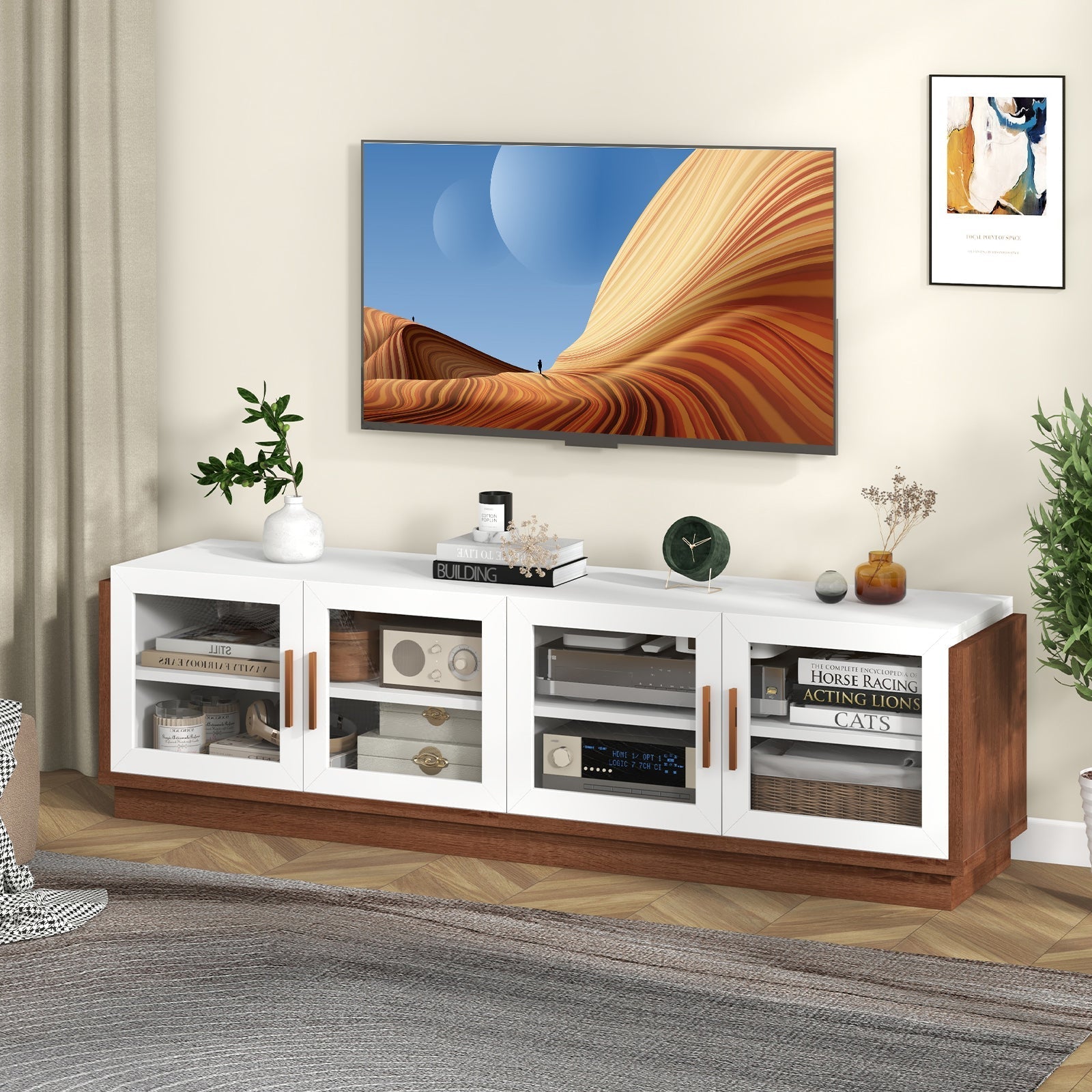 Large TV Stand for TVs up to 75 Inch with 4 Tempered Glass Doors for Living Room