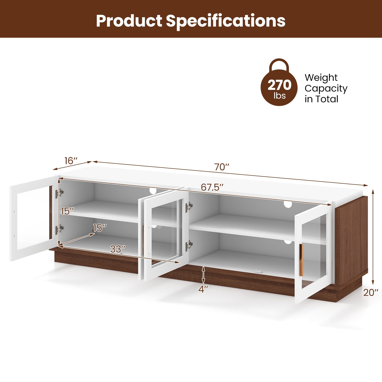 Large TV Stand for TVs up to 75 Inch with 4 Tempered Glass Doors for Living Room