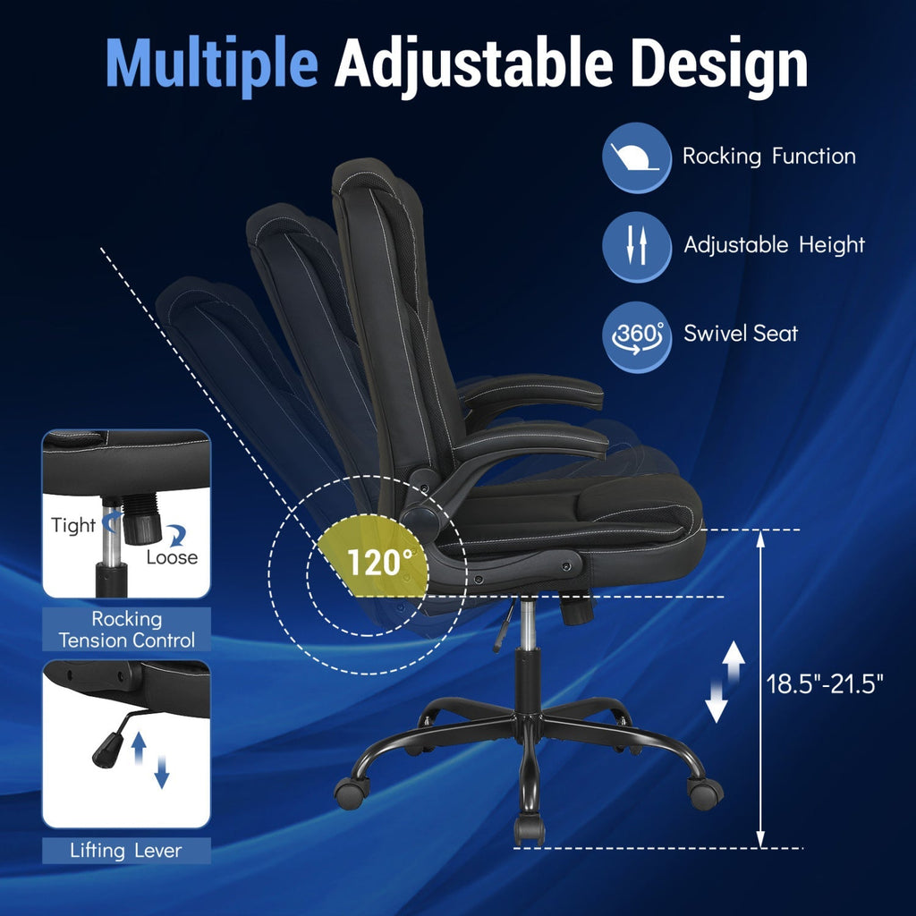 Leather Office Chair Ergonomic Computer Desk Chair with Flip-up Armrests Rocking Function