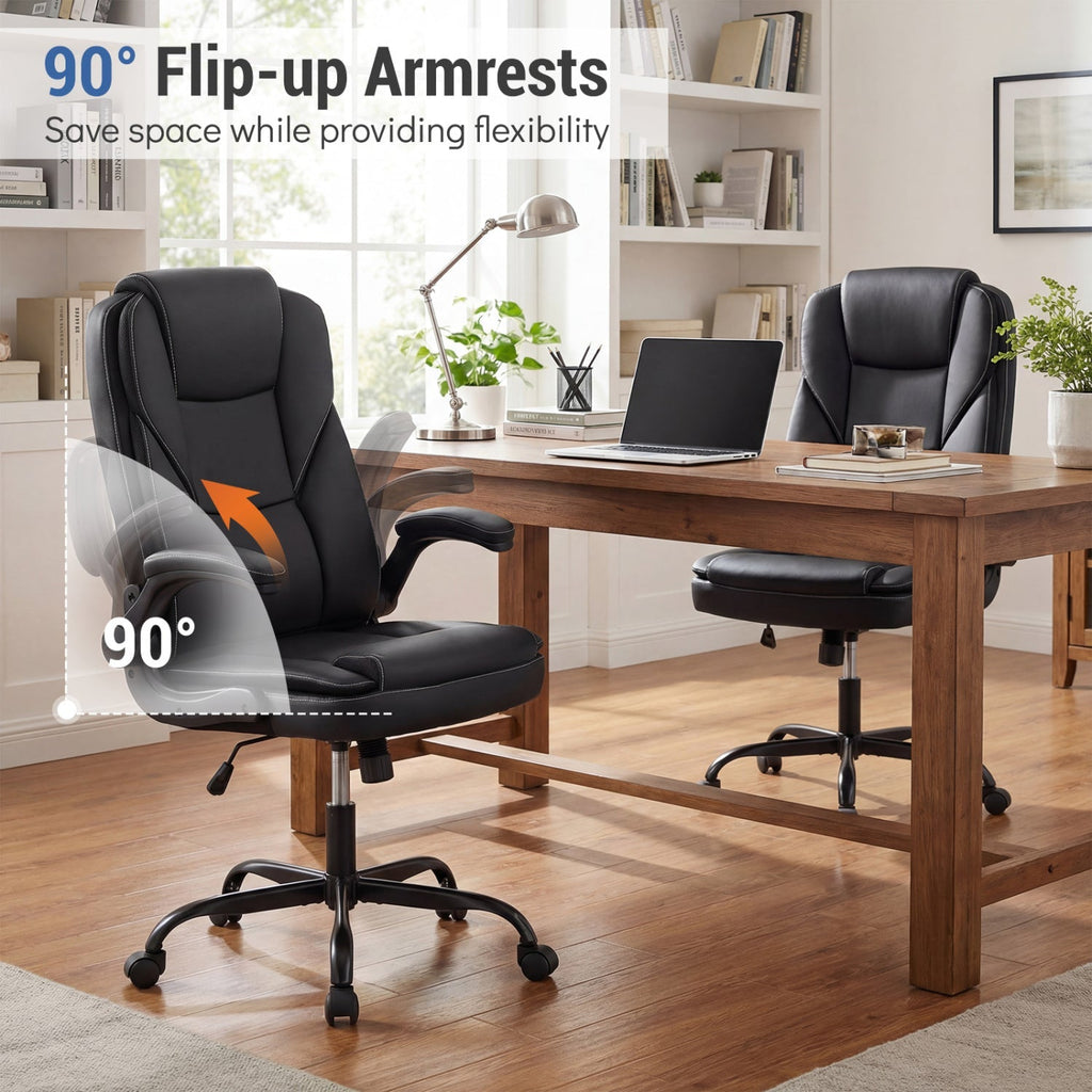 Leather Office Chair Ergonomic Computer Desk Chair with Flip-up Armrests Rocking Function