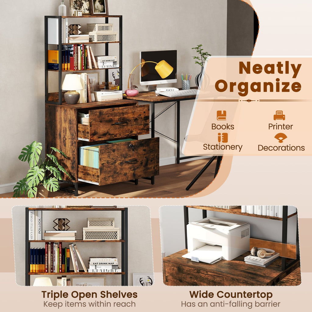Letter Size Lateral File Cabinet with Lock and Bookshelf-Rustic Brown