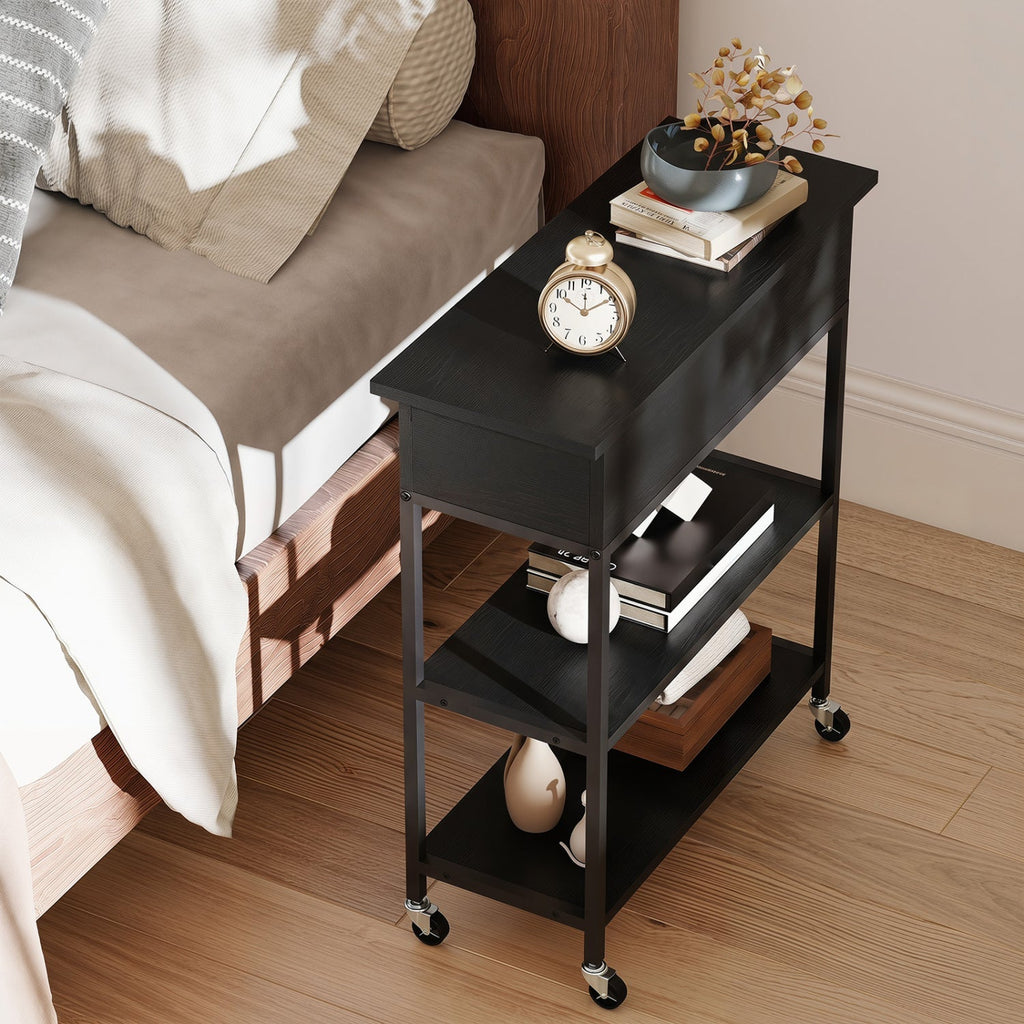Lift Top Side Table with Charging Station and Wheels