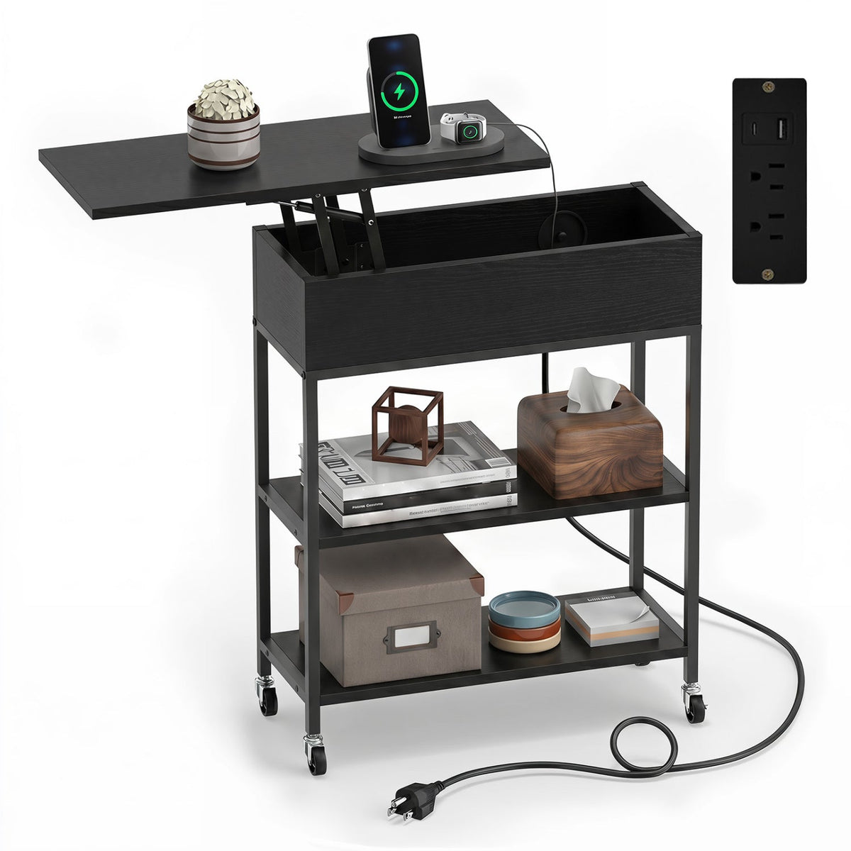 Lift Top Side Table with Charging Station and Wheels