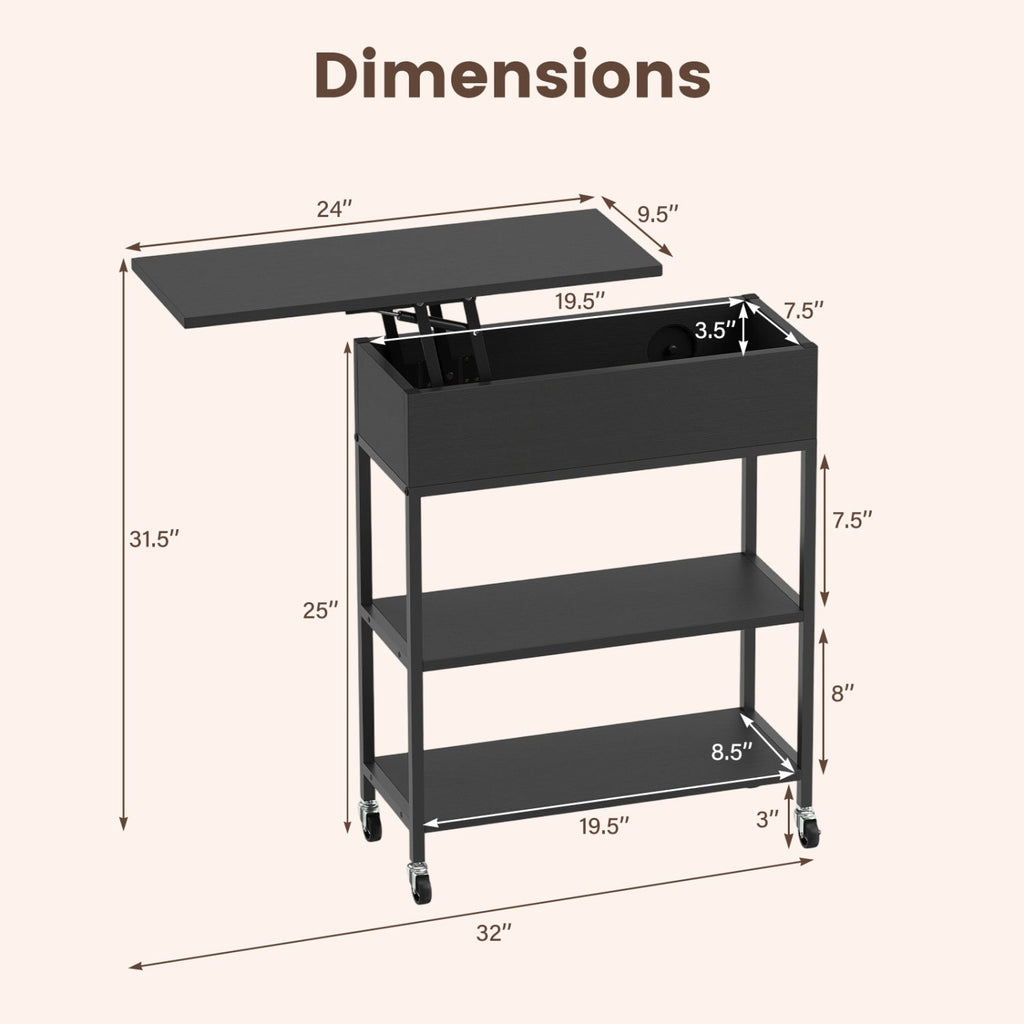 Lift Top Side Table with Charging Station and Wheels