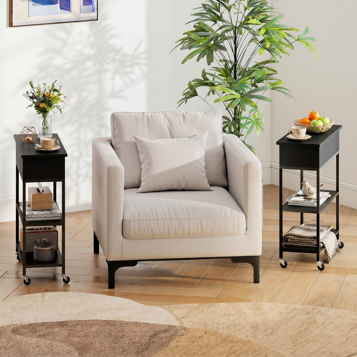 Lift Top Side Table with Charging Station and Wheels