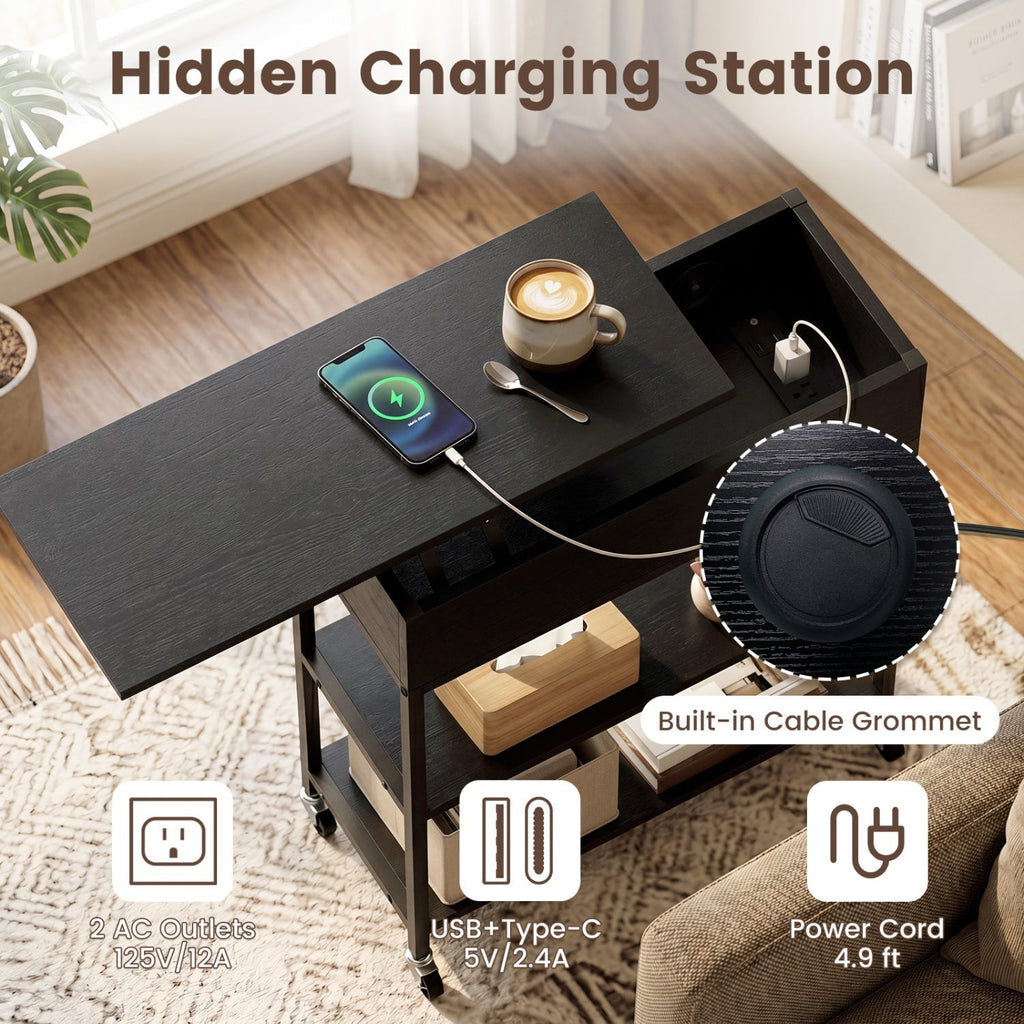 Lift Top Side Table with Charging Station and Wheels