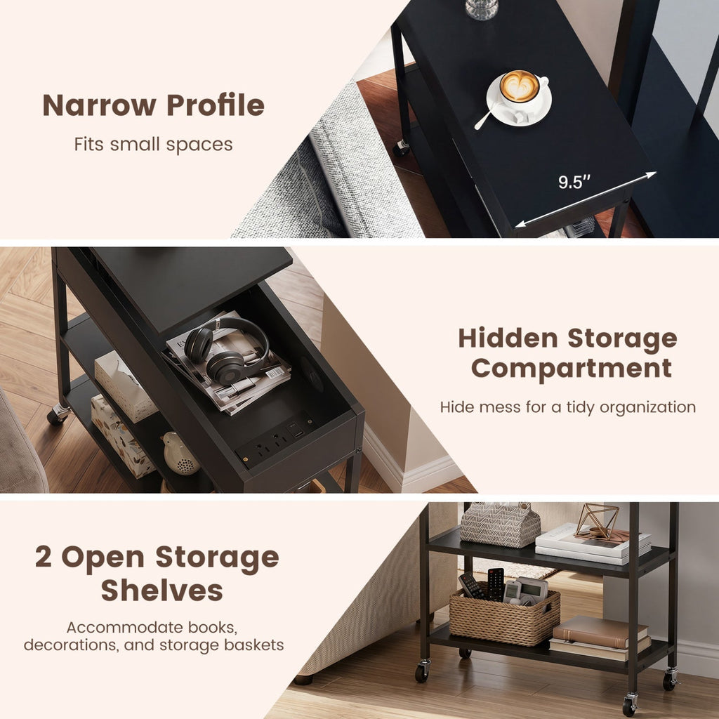 Lift Top Side Table with Charging Station and Wheels