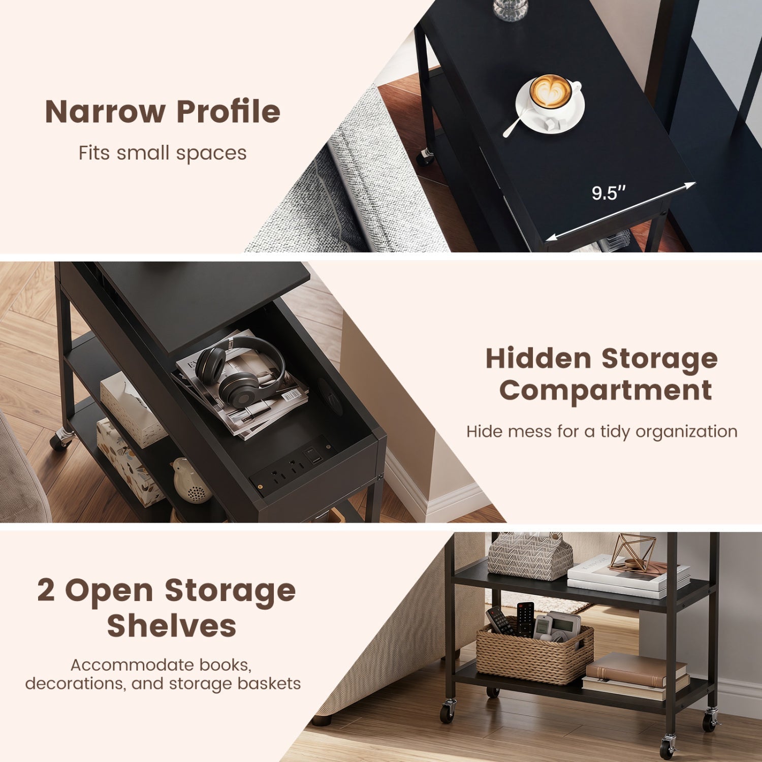 Lift Top Side Table with Charging Station and Wheels