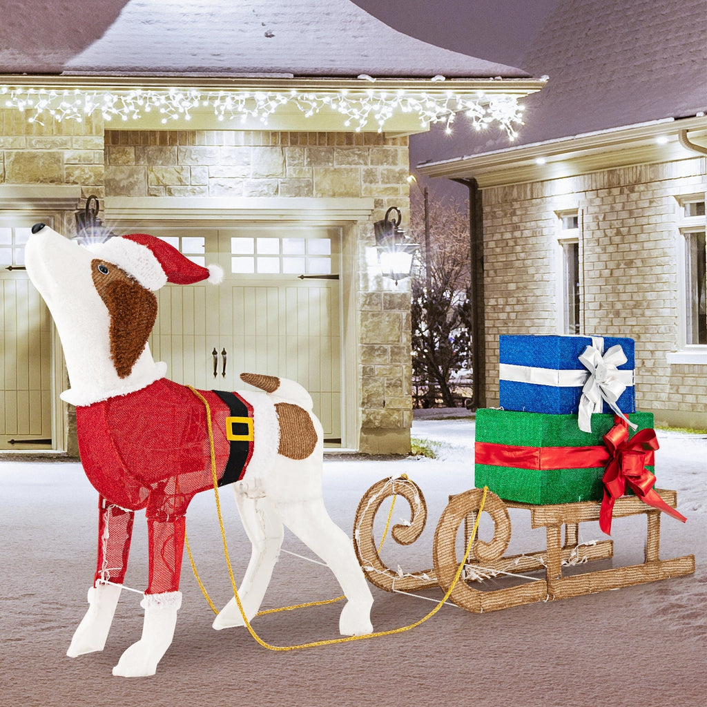 Outdoor Pre-lit Xmas Dog and Sleigh with 170 Warm Bright Lights for Porch