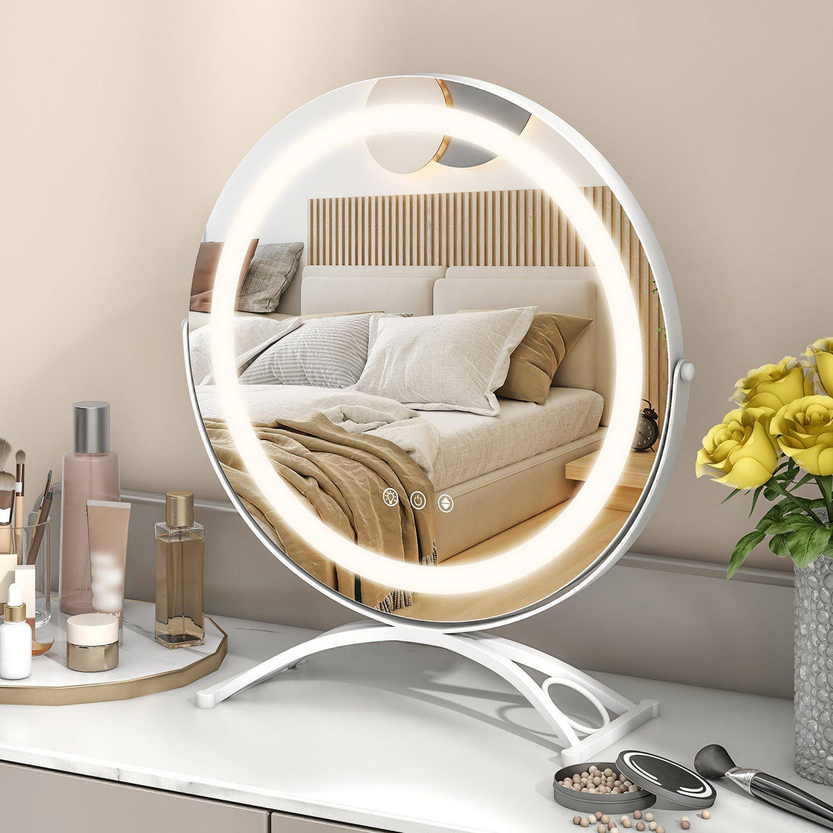 16 x 16 Inch Round LED Vanity Mirror with 3-Color Lighting and Brightness Dimming