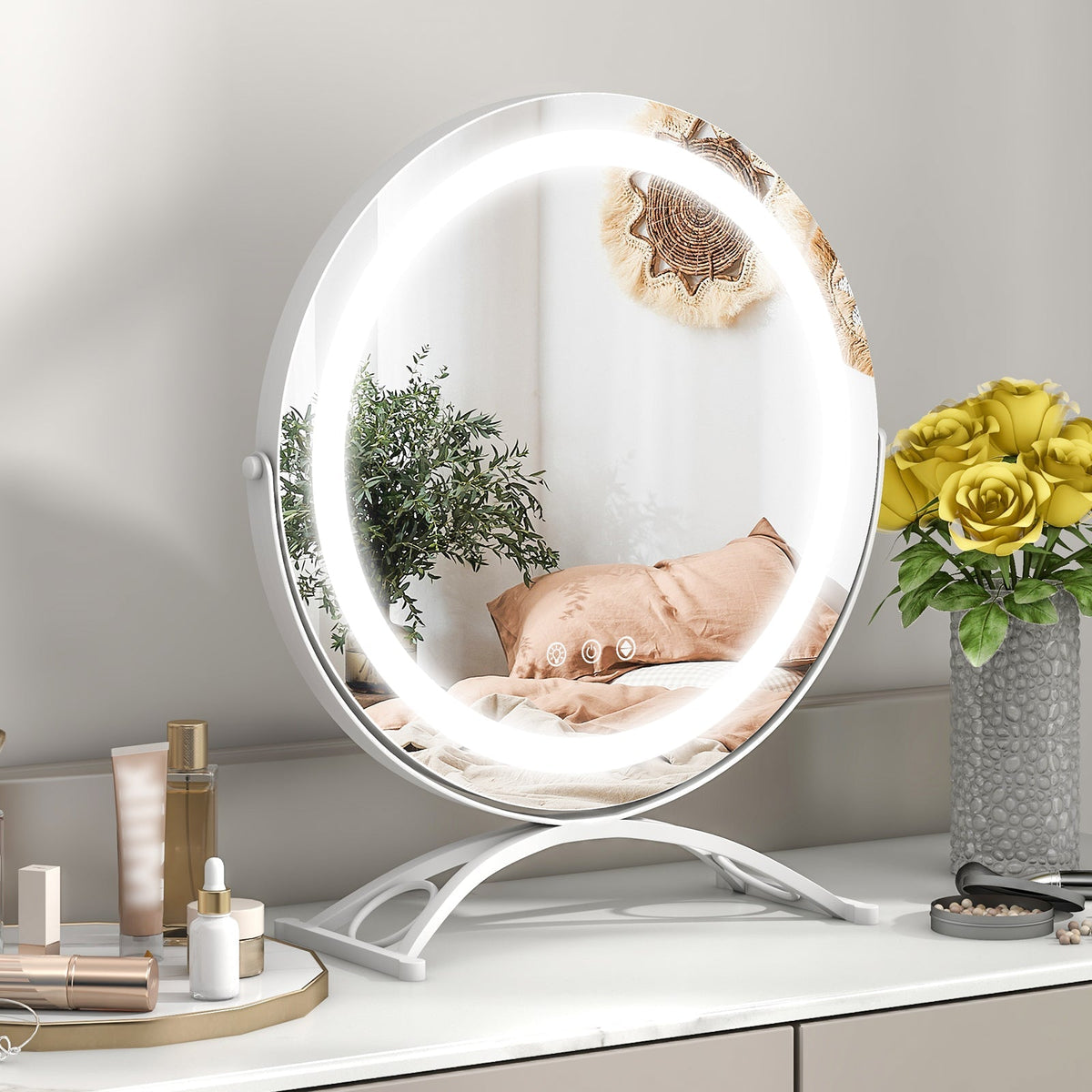 16 x 16 Inch Round LED Vanity Mirror with 3-Color Lighting and Brightness Dimming