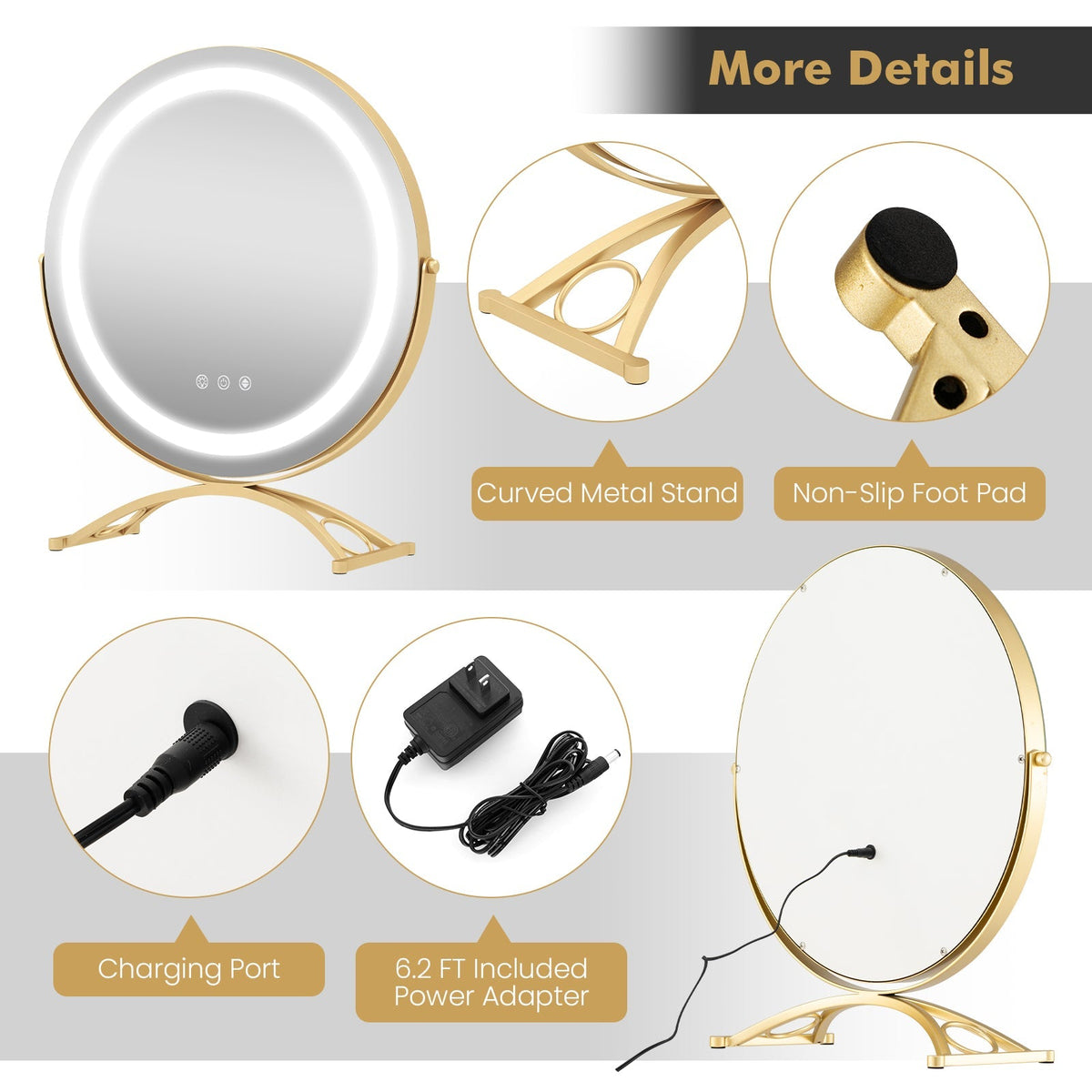16 x 16 Inch Round LED Vanity Mirror with 3-Color Lighting and Brightness Dimming