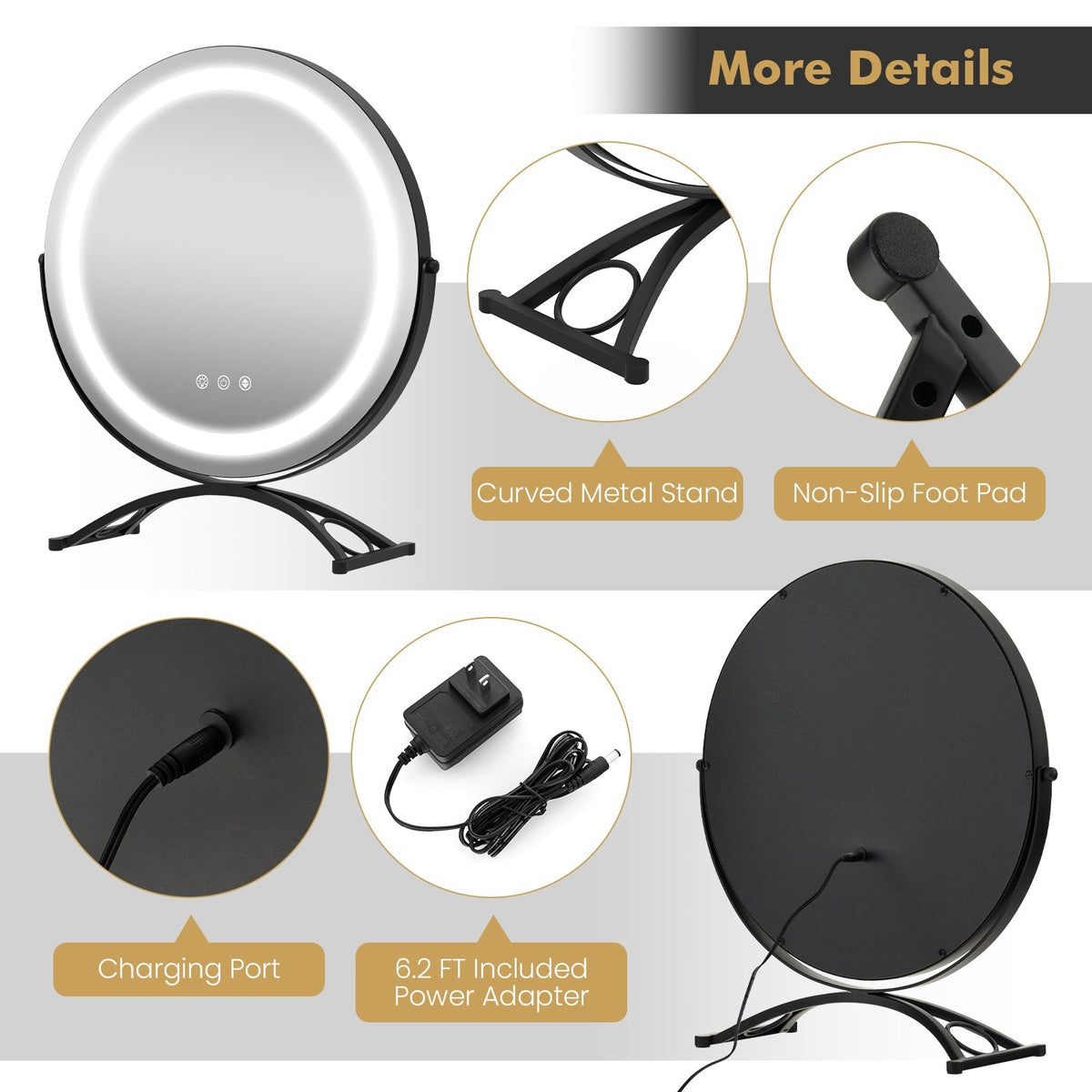 16 x 16 Inch Round LED Vanity Mirror with 3-Color Lighting and Brightness Dimming