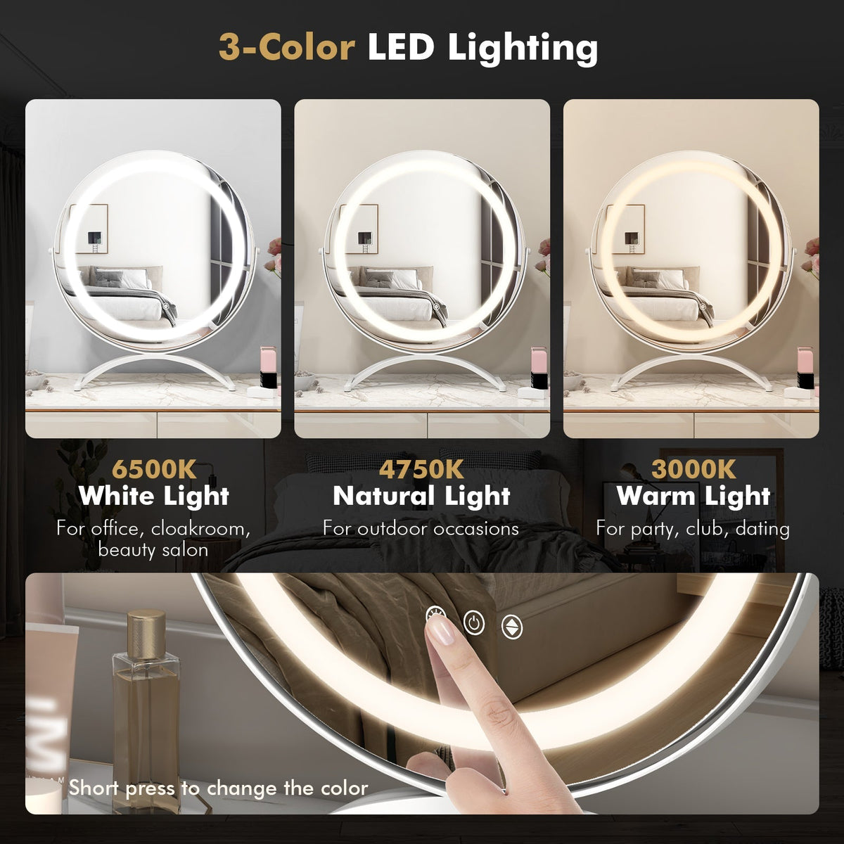 16 x 16 Inch Round LED Vanity Mirror with 3-Color Lighting and Brightness Dimming