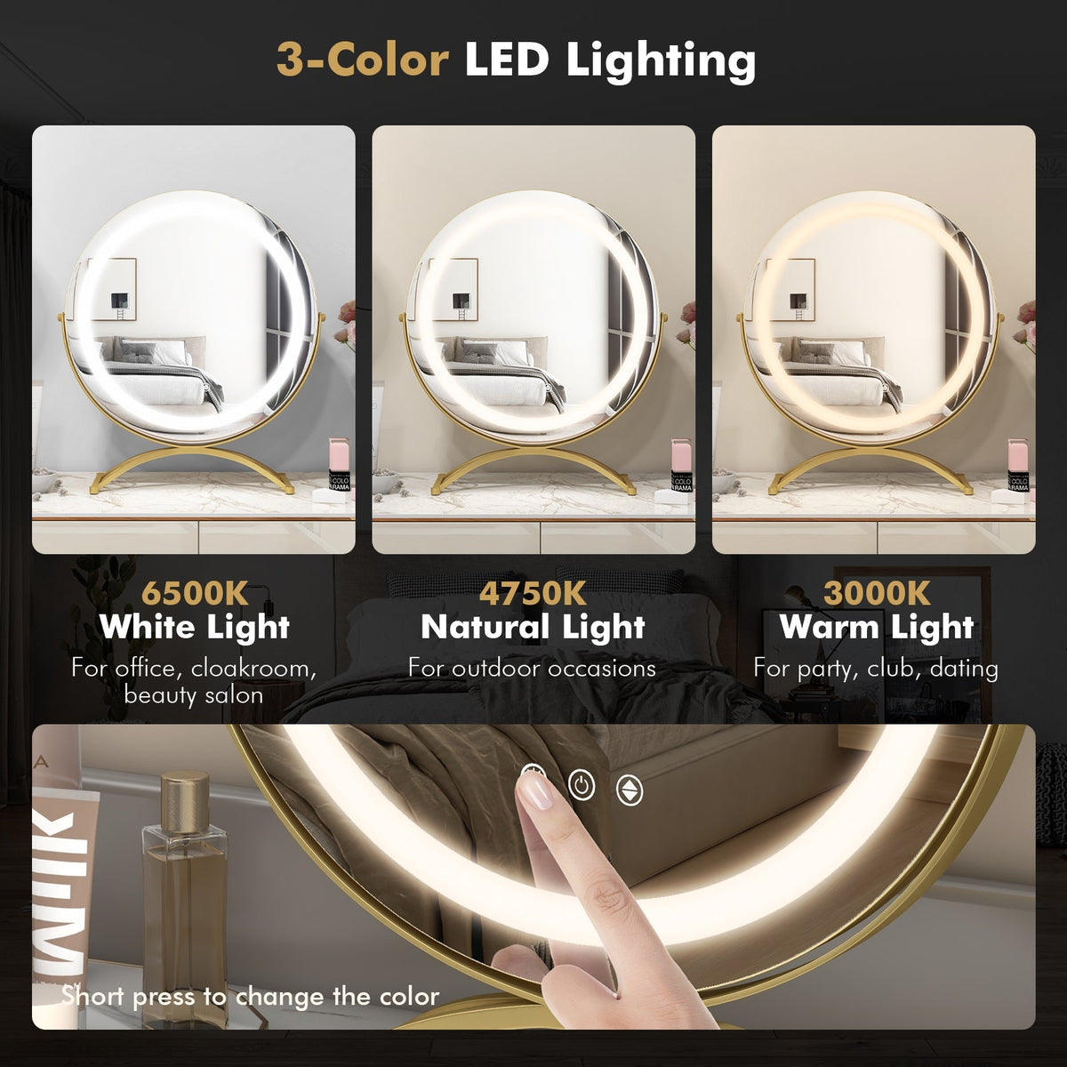 16 x 16 Inch Round LED Vanity Mirror with 3-Color Lighting and Brightness Dimming
