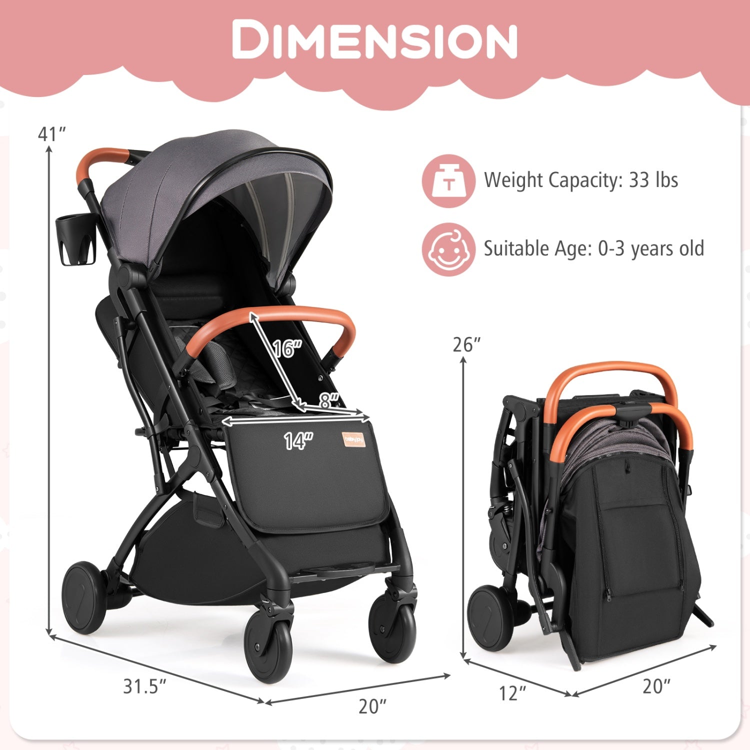 Lightweight Baby Stroller Compact Travel Stroller with One-Hand Folding