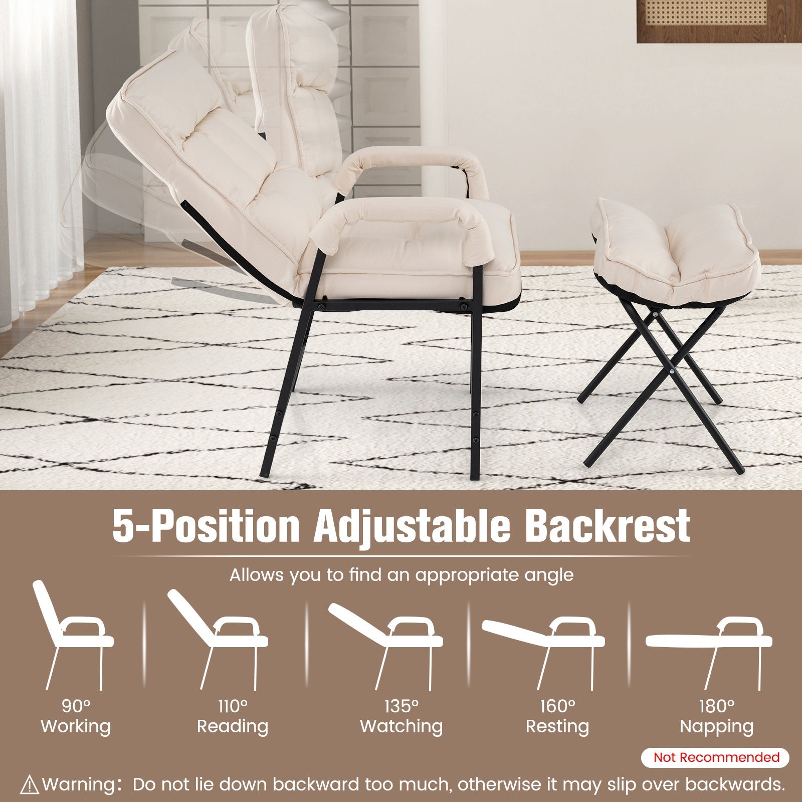 Linen Fabric Modern Accent Chair with Ottoman and Adjustable Backrest