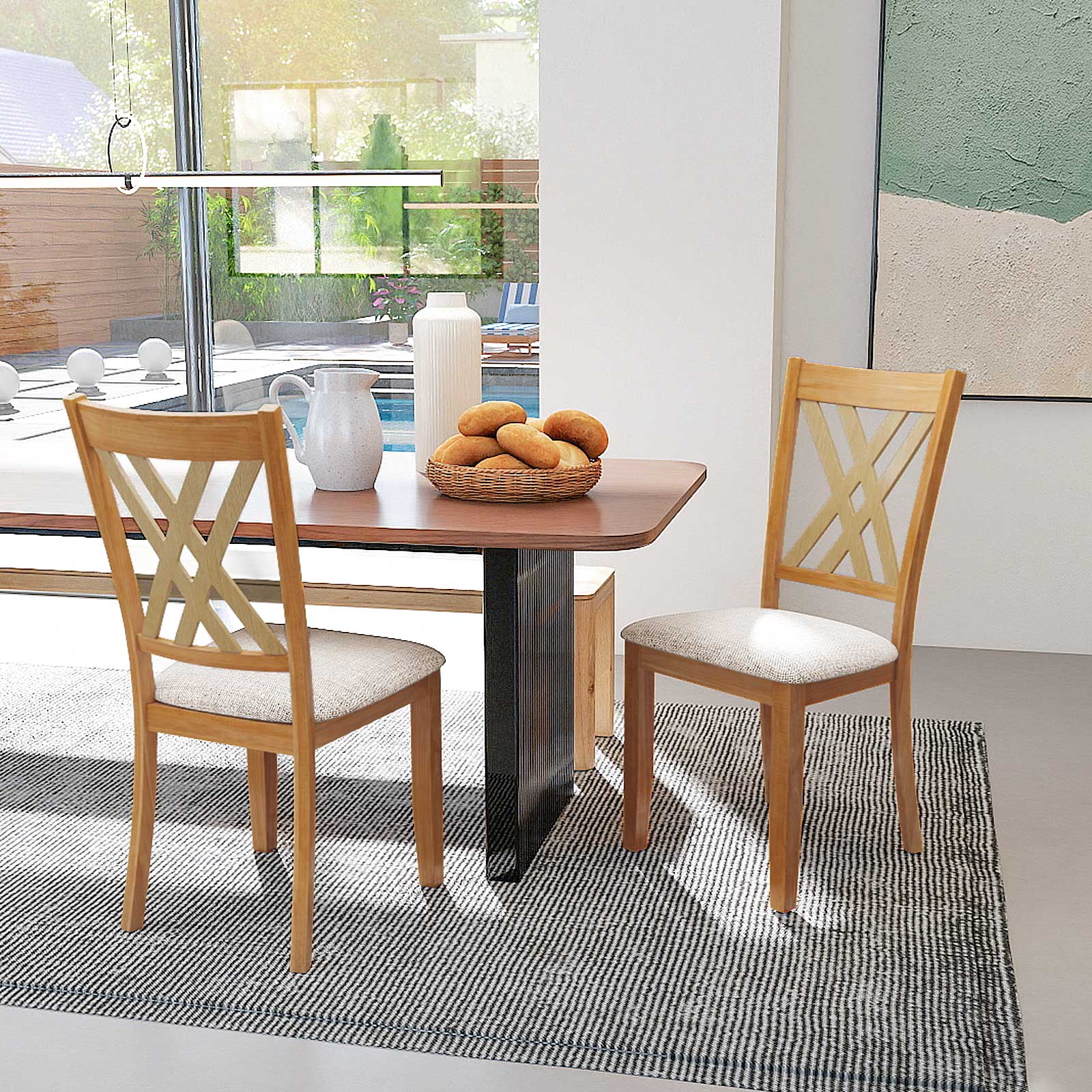 Linen Fabric Upholstered Wooden Dining Chair Set of 2 with Rubber Wood Frame for Dining Room