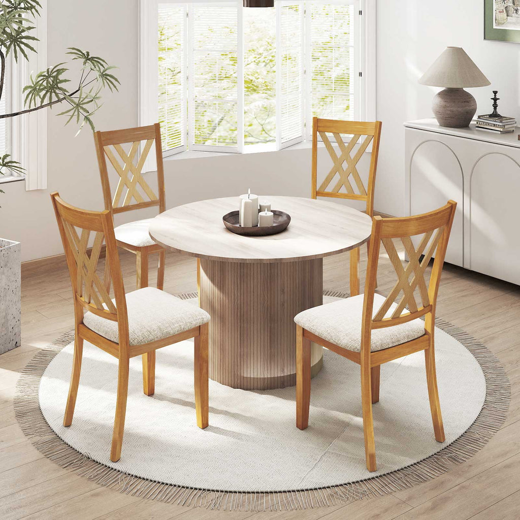 Linen Fabric Upholstered Wooden Dining Chair Set of 2 with Rubber Wood Frame for Dining Room