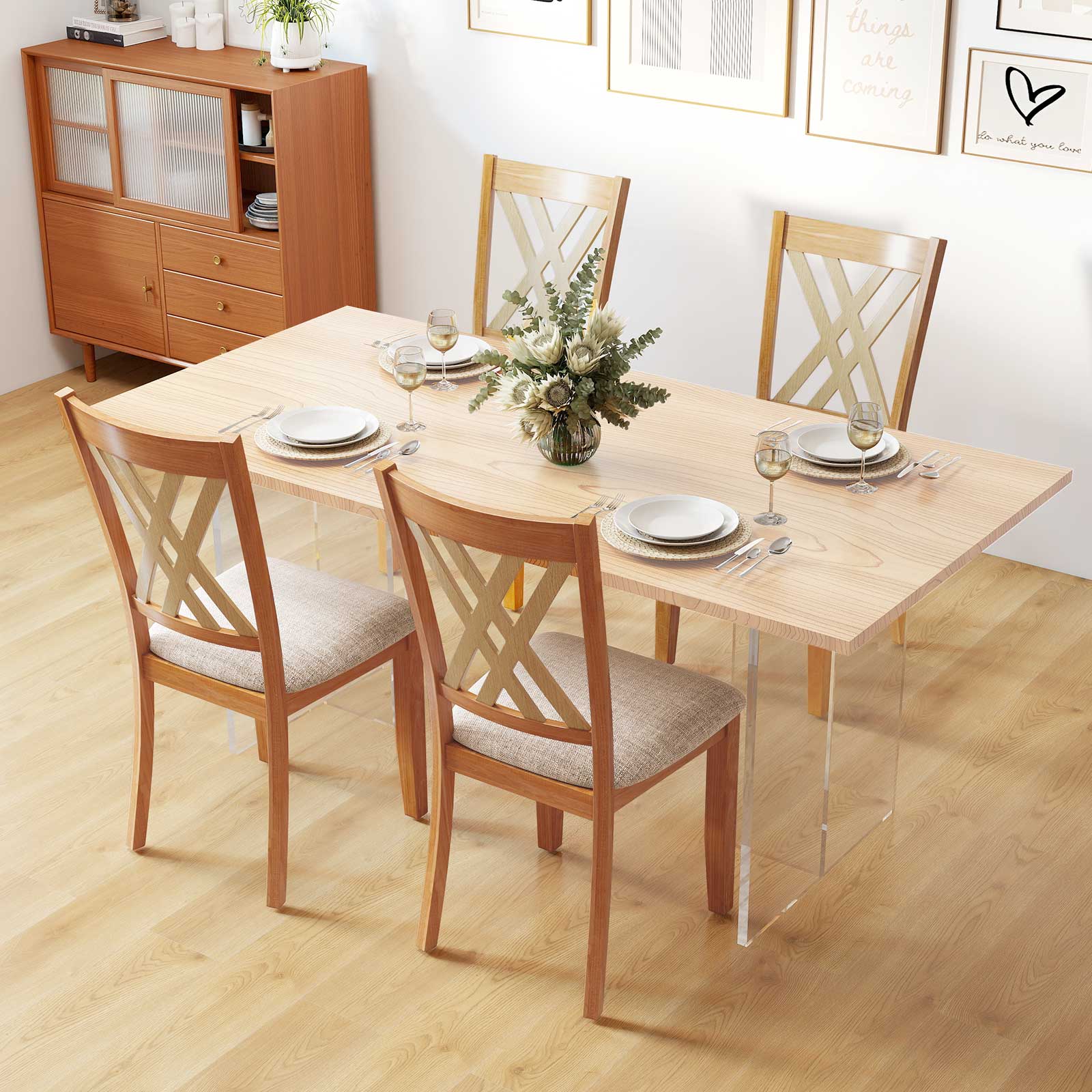 Linen Fabric Upholstered Wooden Dining Chair Set of 2 with Rubber Wood Frame for Dining Room